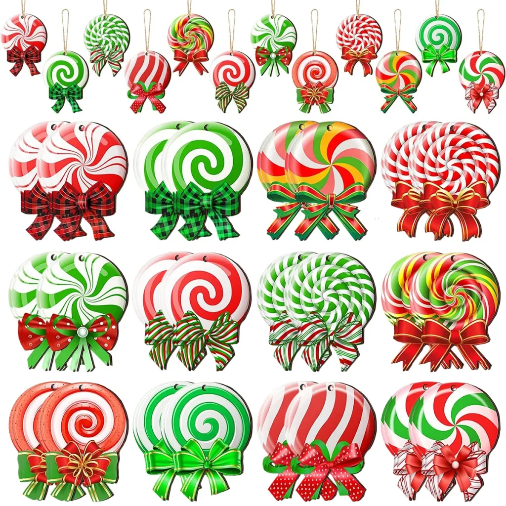 24PCS Christmas Candy Ornament With Ropes Colorful Candy Round Lollipop Wooden Pendant Xmas Hanging Decoration For Christmas Indoor Outdoor Home Yard Party Porch Decor HFN