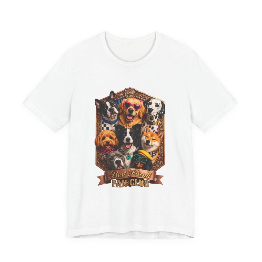 Best Friends Fan Club Dog Crew T-Shirt in White, front view, print preview rendered from the print file