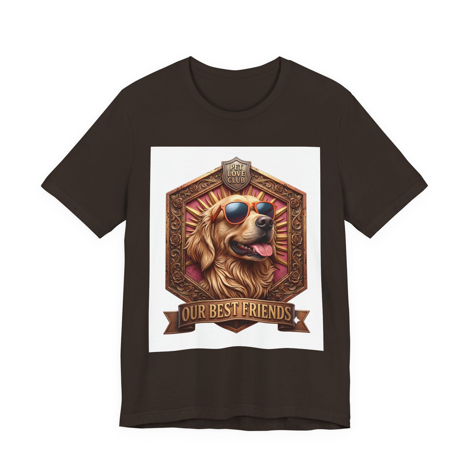 Our Best Friends Golden Retriever in Sunglasses T-Shirt in Brown, front view, print preview rendered from the print file