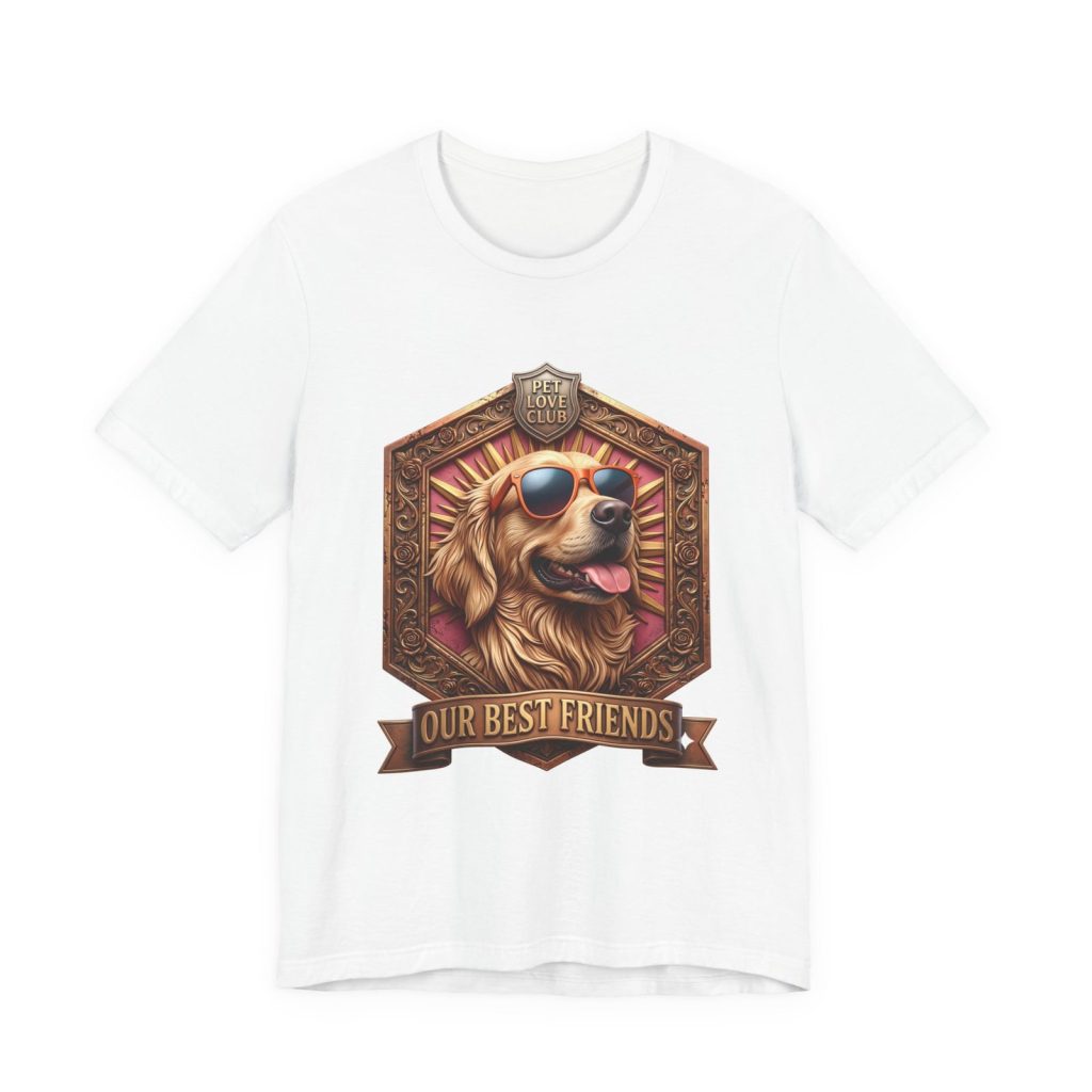 Our Best Friends Golden Retriever in Sunglasses T-Shirt in White, front view, print preview rendered from the print file