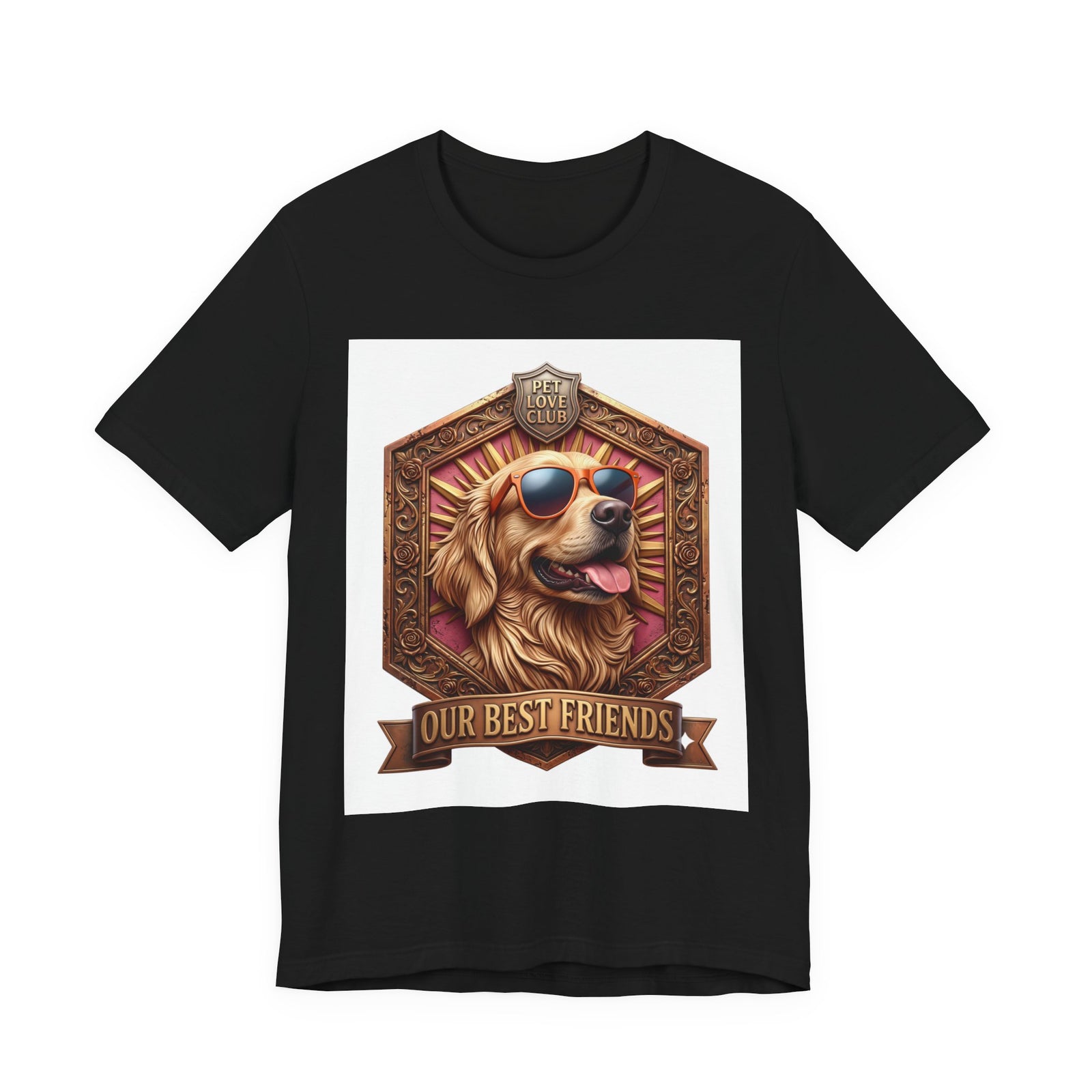 Our Best Friends Golden Retriever in Sunglasses T-Shirt in Black, front view, print preview rendered from the print file