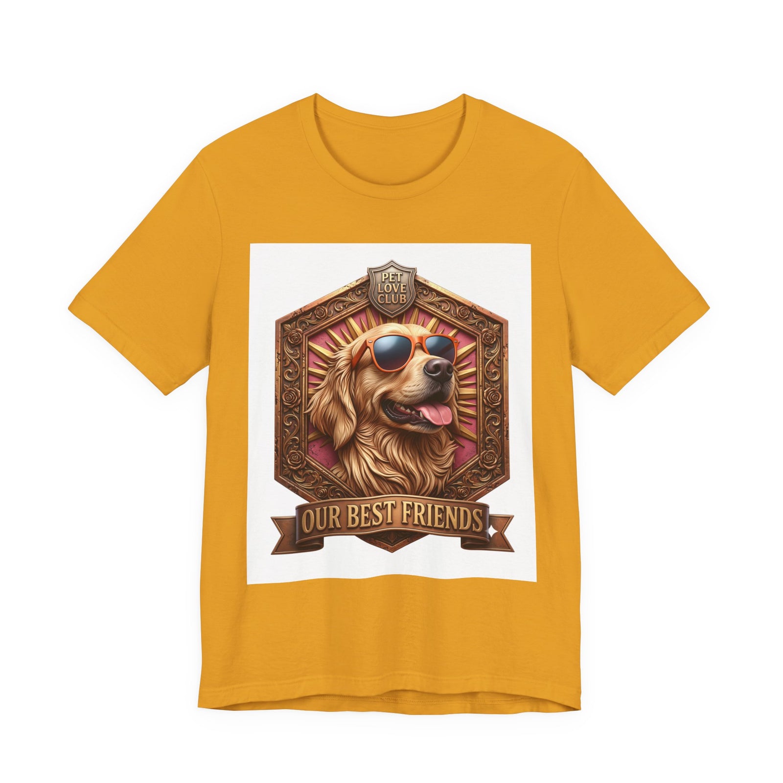 Our Best Friends Golden Retriever in Sunglasses T-Shirt in Mustard, front view, print preview rendered from the print file