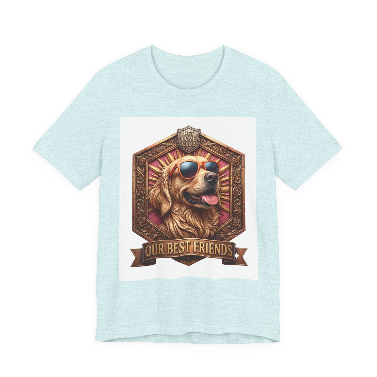 Our Best Friends Golden Retriever in Sunglasses T-Shirt in Heather Prism Ice Blue, front view, print preview rendered from the print file