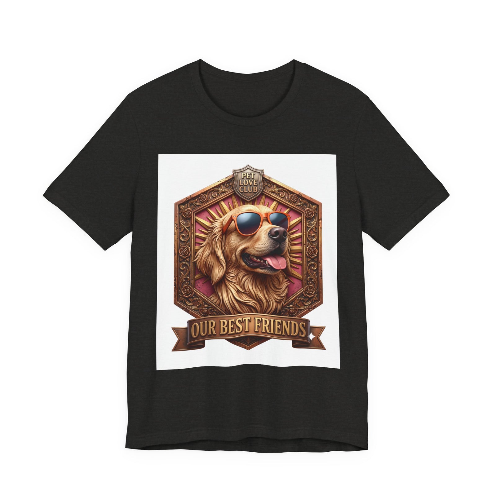 Our Best Friends Golden Retriever in Sunglasses T-Shirt in Black Heather, front view, print preview rendered from the print file