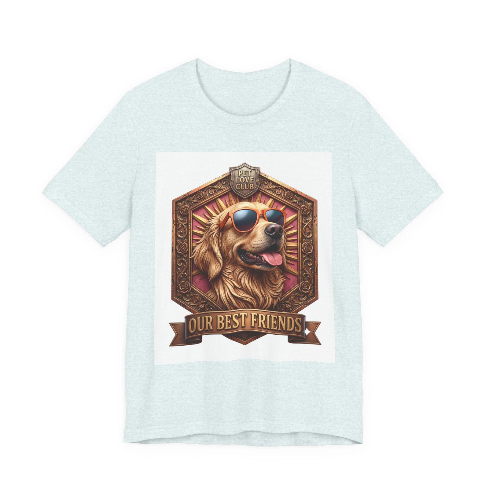Our Best Friends Golden Retriever in Sunglasses T-Shirt in Heather Ice Blue, front view, print preview rendered from the print file
