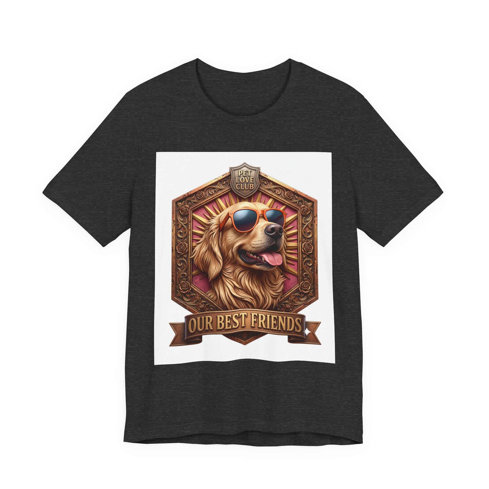 Our Best Friends Golden Retriever in Sunglasses T-Shirt in Dark Grey Heather, front view, print preview rendered from the print file