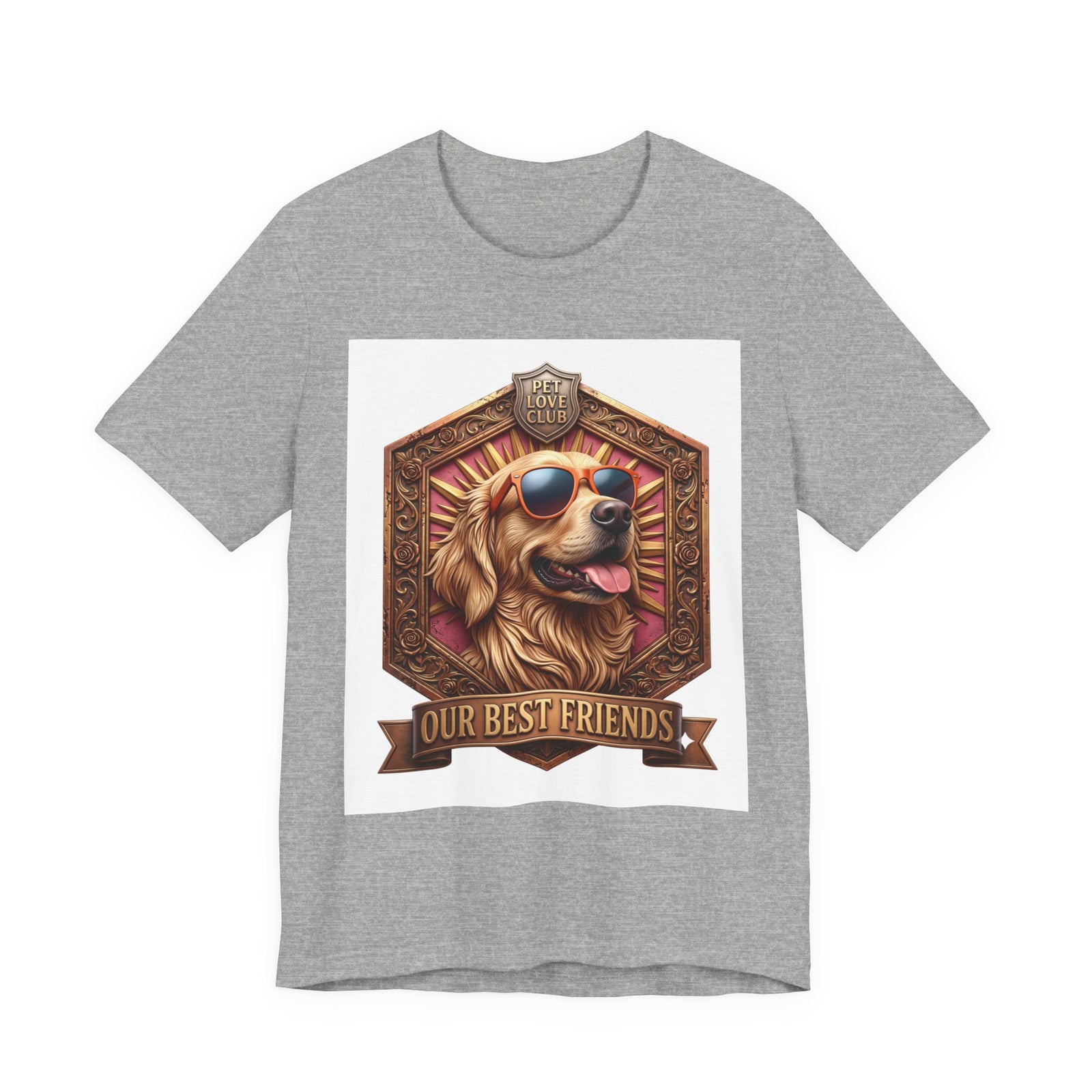 Our Best Friends Golden Retriever in Sunglasses T-Shirt in Athletic Heather, front view, print preview rendered from the print file