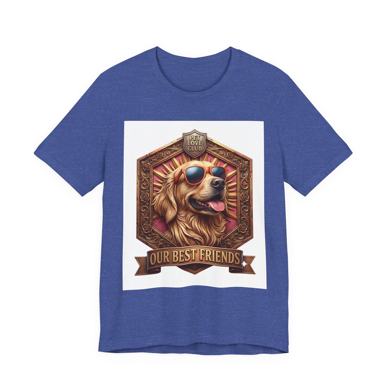 Our Best Friends Golden Retriever in Sunglasses T-Shirt in Heather True Royal, front view, print preview rendered from the print file