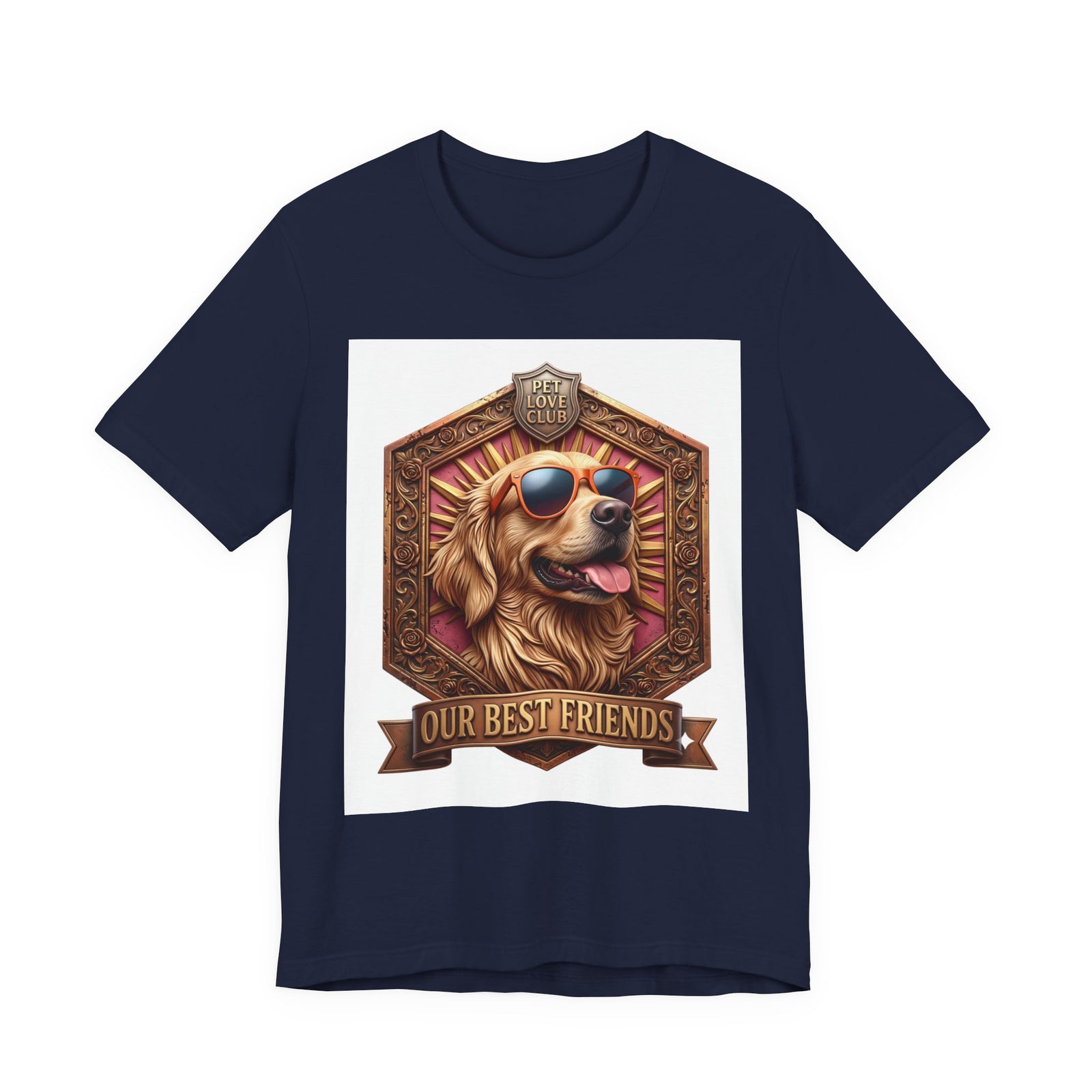 Our Best Friends Golden Retriever in Sunglasses T-Shirt in Navy, front view, print preview rendered from the print file
