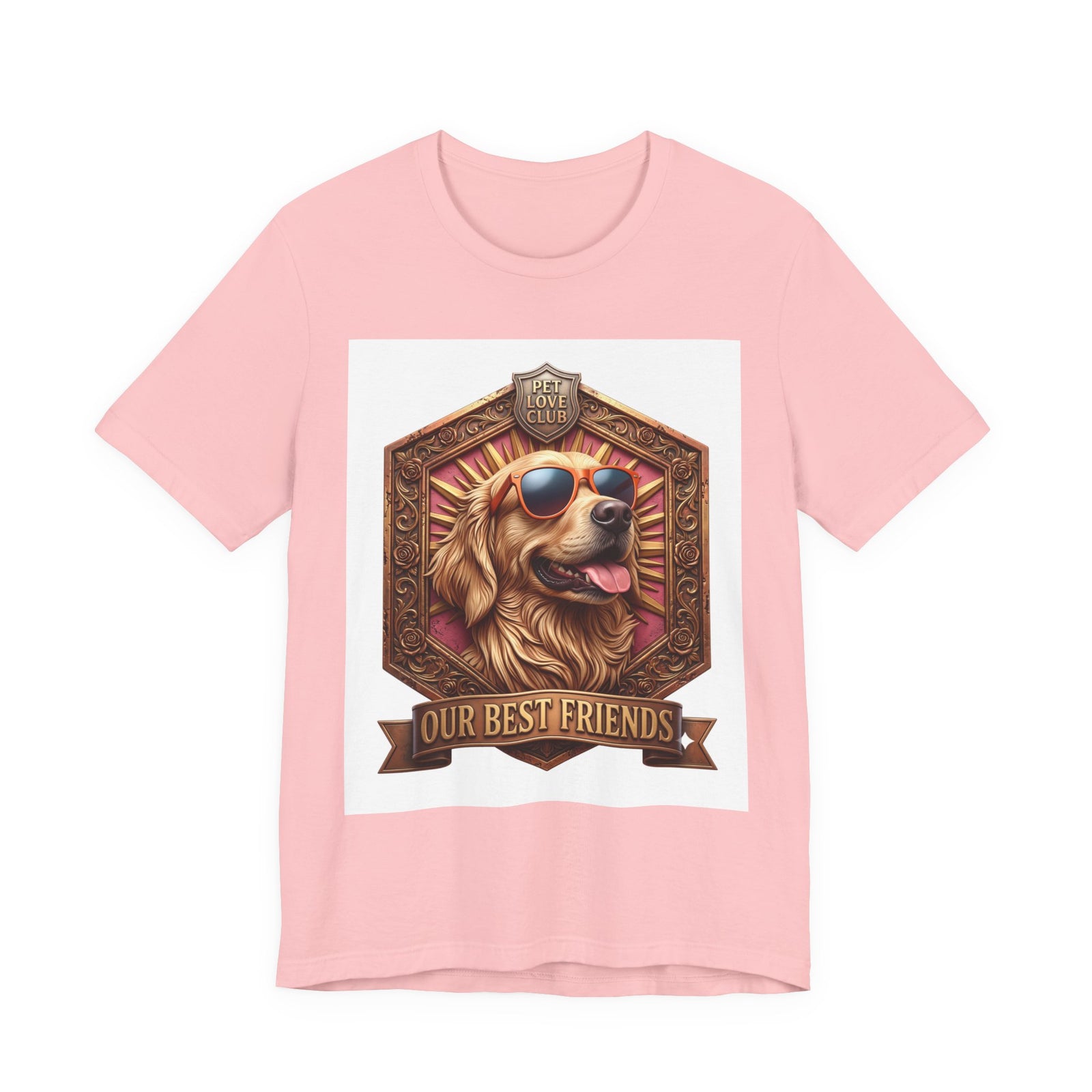 Our Best Friends Golden Retriever in Sunglasses T-Shirt in Pink, front view, print preview rendered from the print file