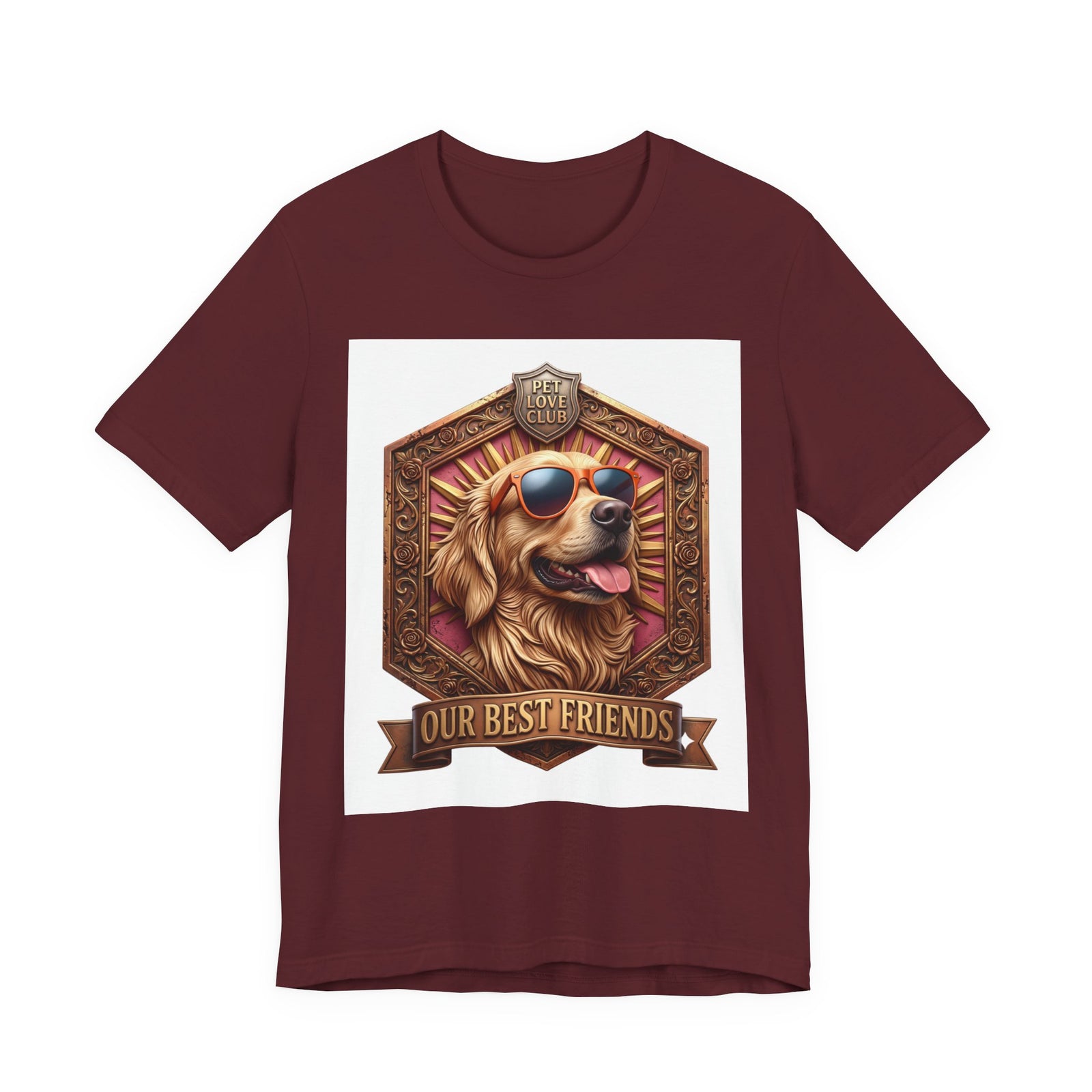 Our Best Friends Golden Retriever in Sunglasses T-Shirt in Maroon, front view, print preview rendered from the print file