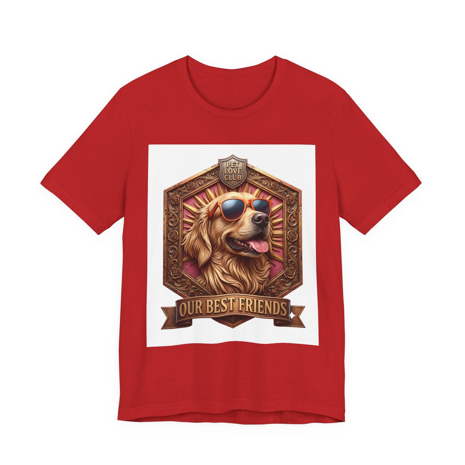 Our Best Friends Golden Retriever in Sunglasses T-Shirt in Red, front view, print preview rendered from the print file