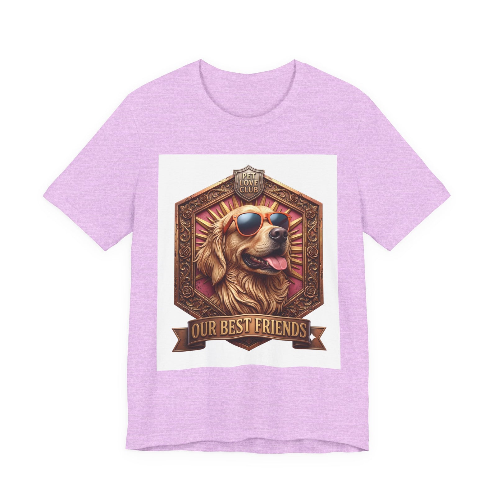 Our Best Friends Golden Retriever in Sunglasses T-Shirt in Heather Prism Lilac, front view, print preview rendered from the print file