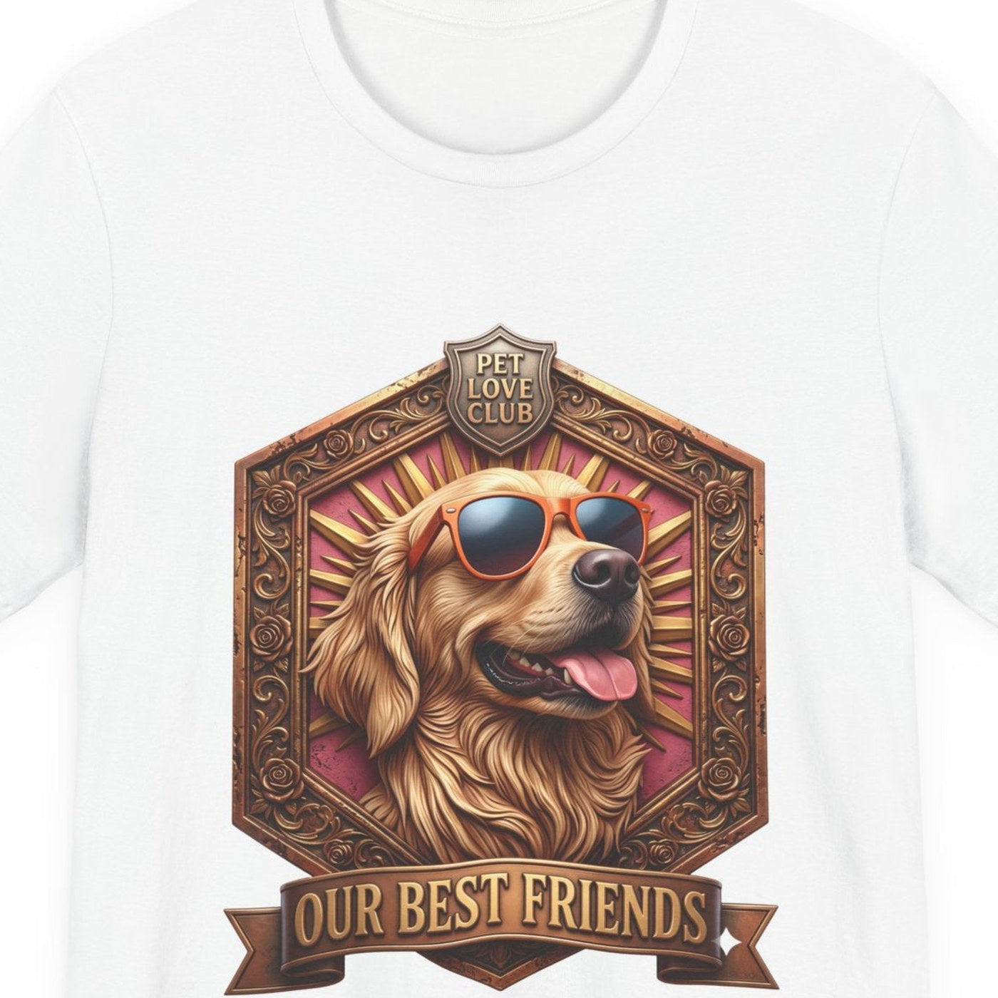Close-up of the Our Best Friends Golden Retriever in Sunglasses print on the White tee, rendered from the print file
