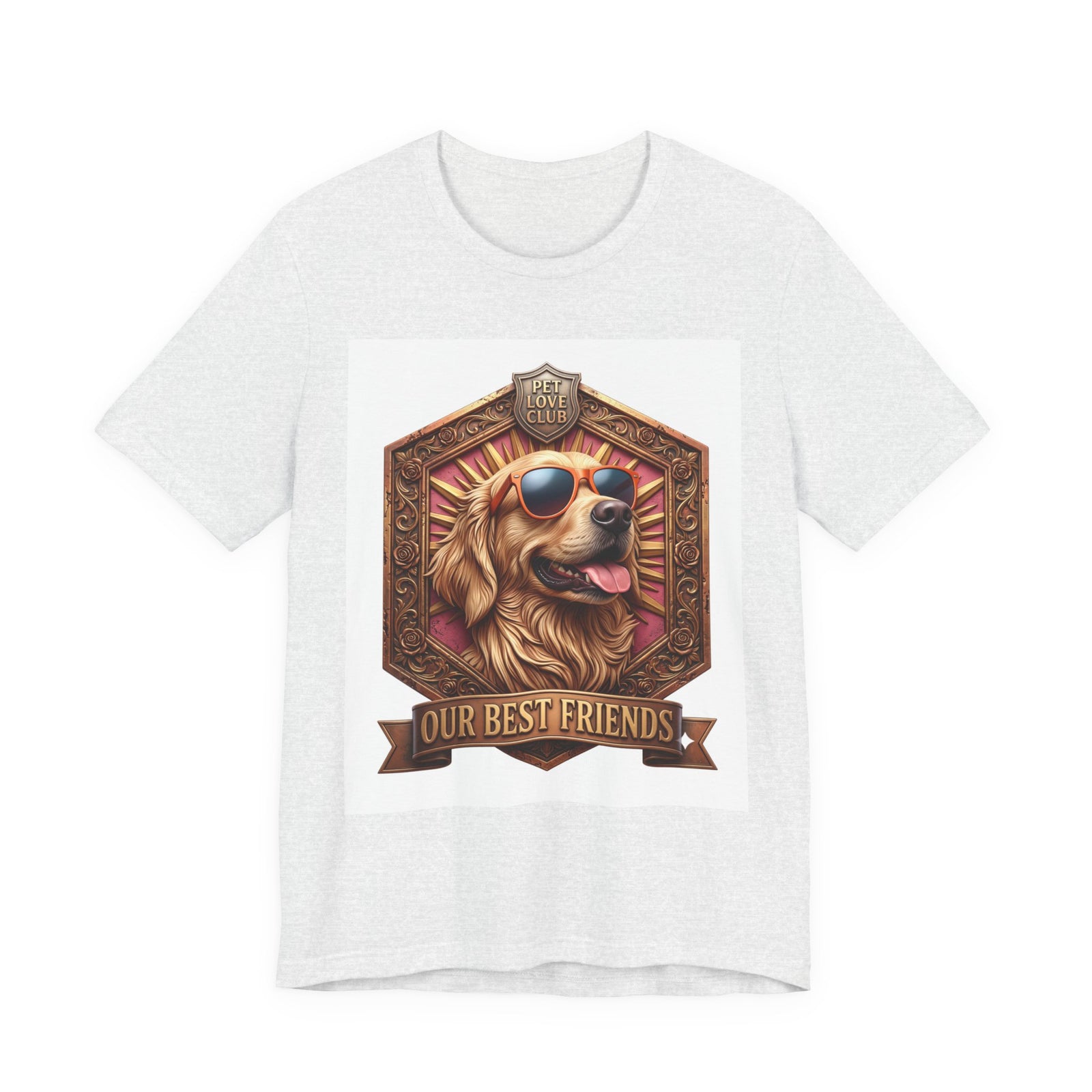 Our Best Friends Golden Retriever in Sunglasses T-Shirt in Ash, front view, print preview rendered from the print file