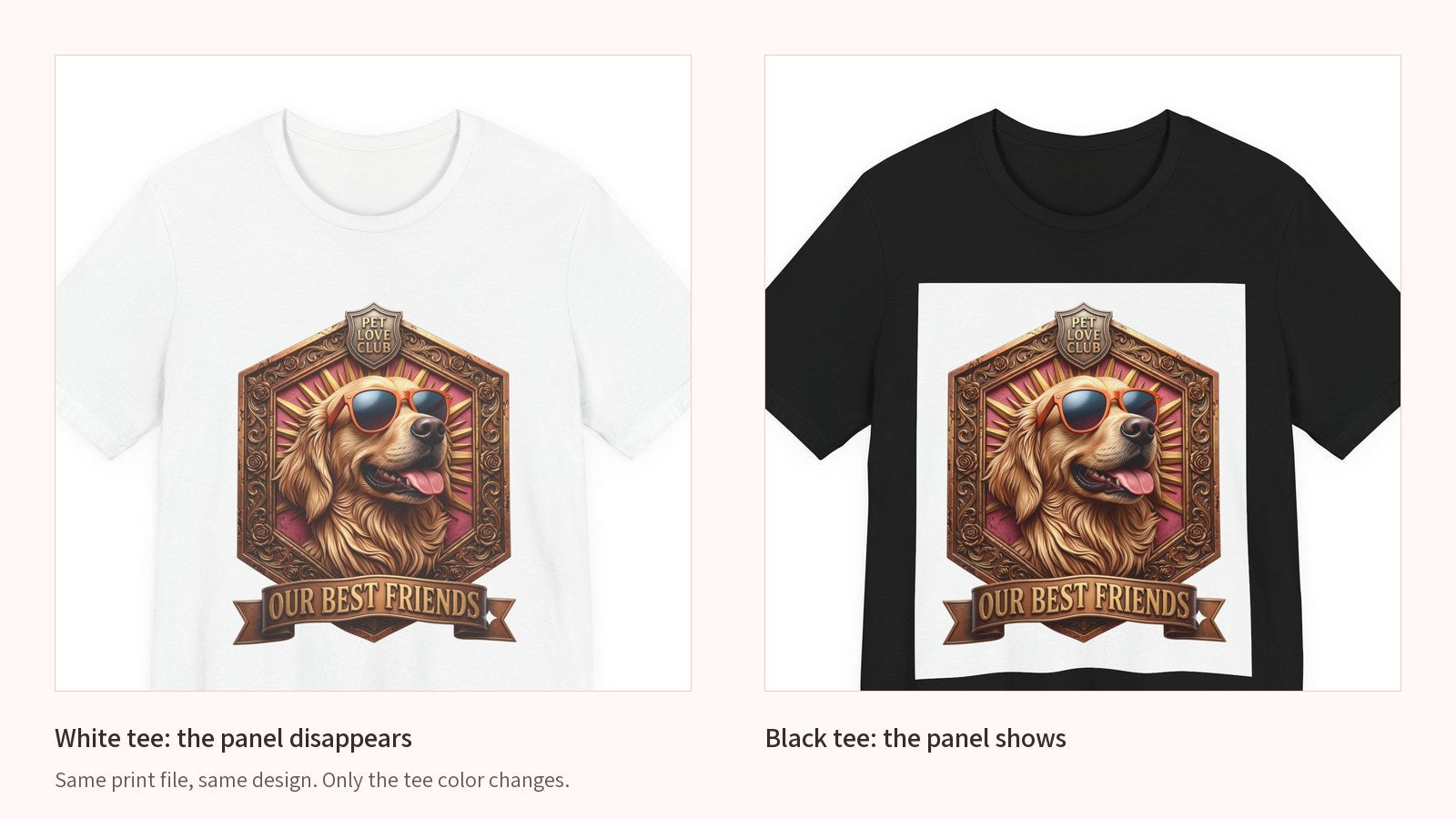 Our Best Friends Golden Retriever in Sunglasses T-Shirt on a White tee and a Black tee side by side showing the white print panel