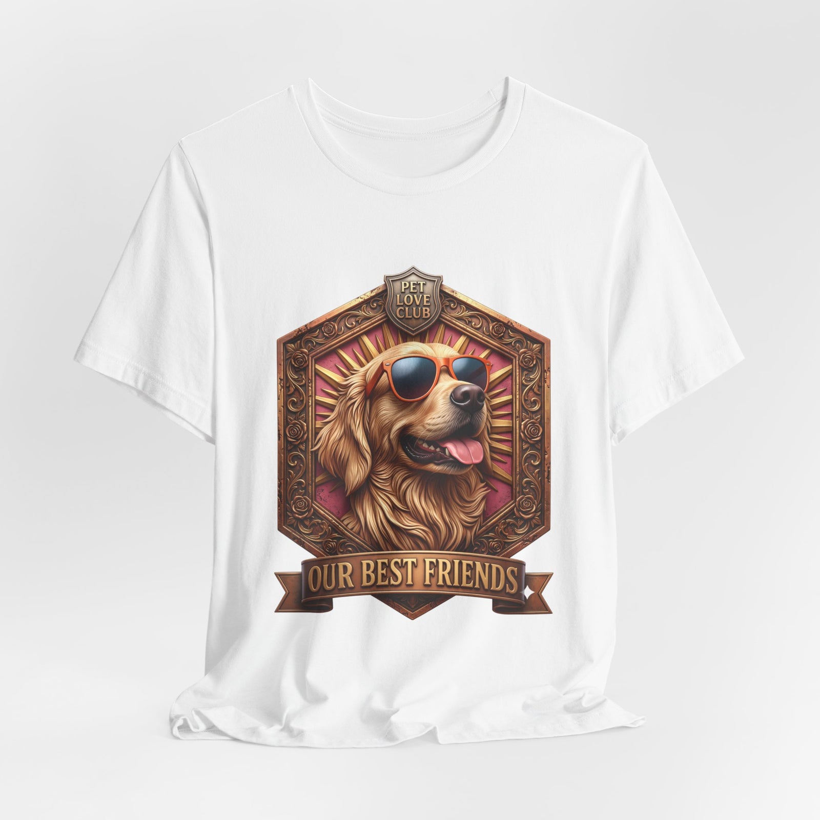 Our Best Friends Golden Retriever in Sunglasses T-Shirt in White, laid flat