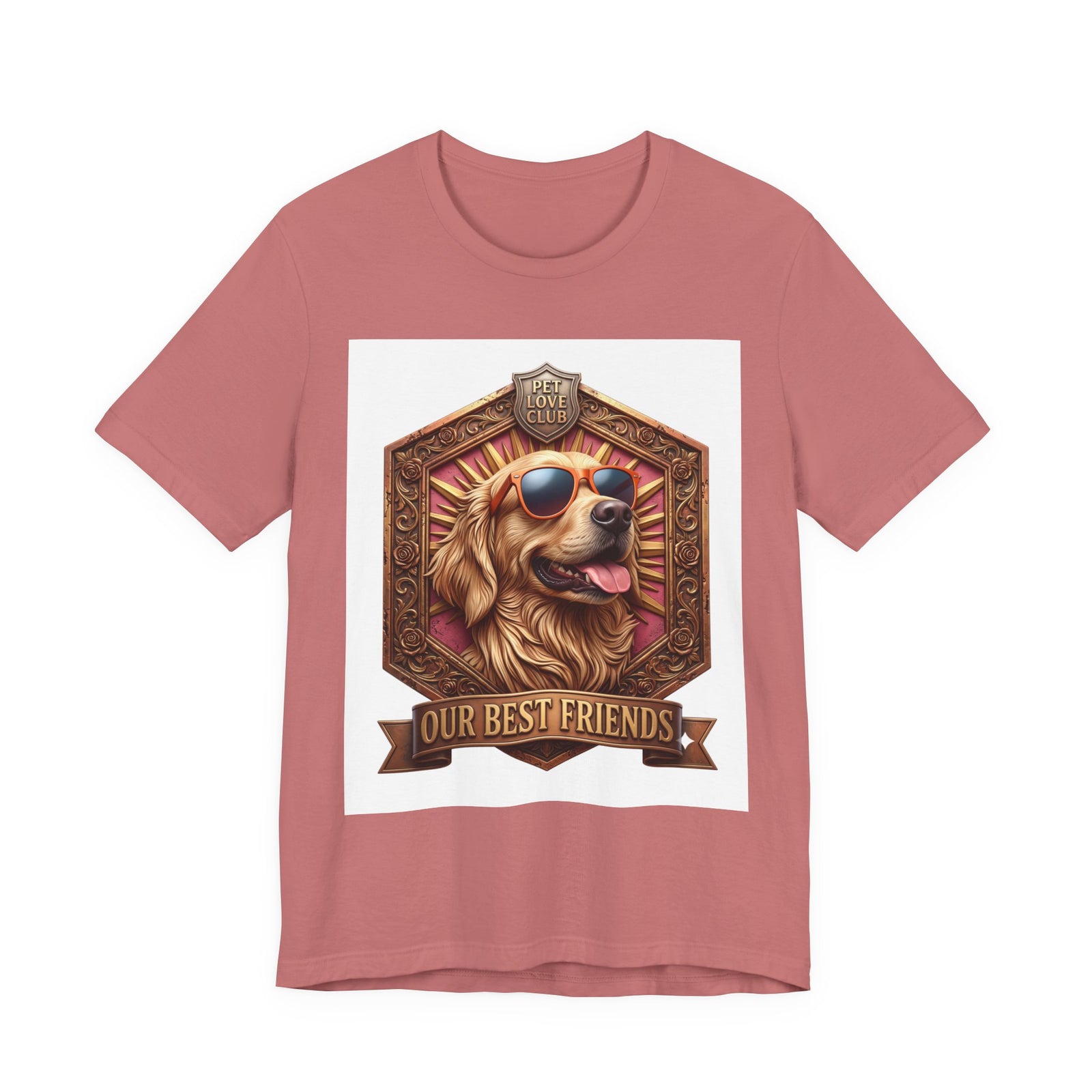 Our Best Friends Golden Retriever in Sunglasses T-Shirt in Mauve, front view, print preview rendered from the print file