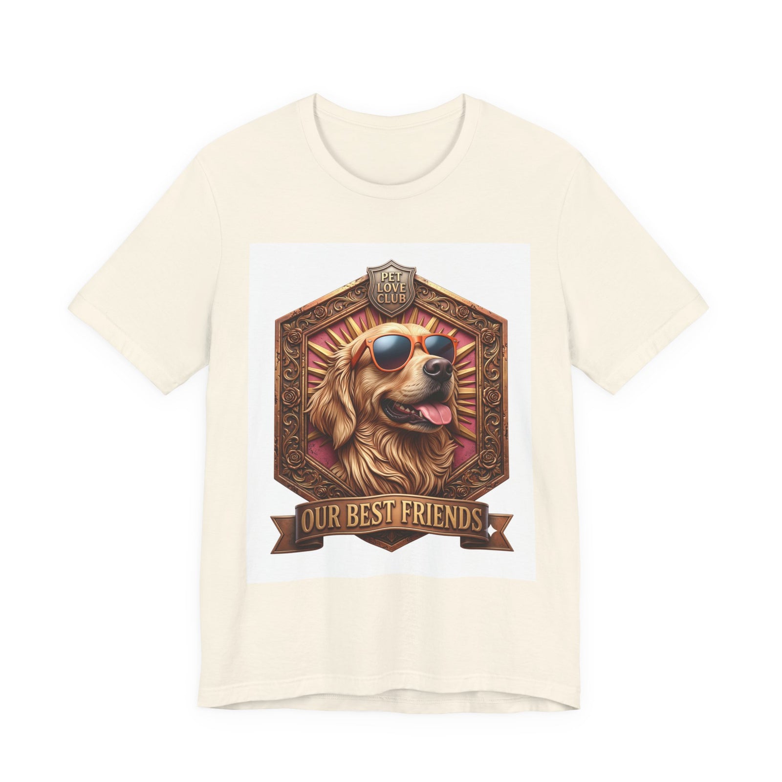 Our Best Friends Golden Retriever in Sunglasses T-Shirt in Natural, front view, print preview rendered from the print file