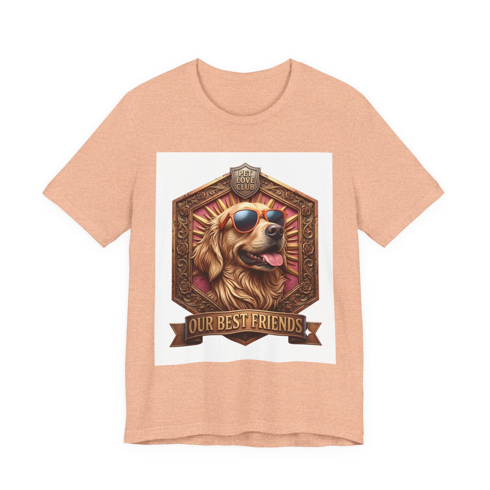 Our Best Friends Golden Retriever in Sunglasses T-Shirt in Heather Peach, front view, print preview rendered from the print file