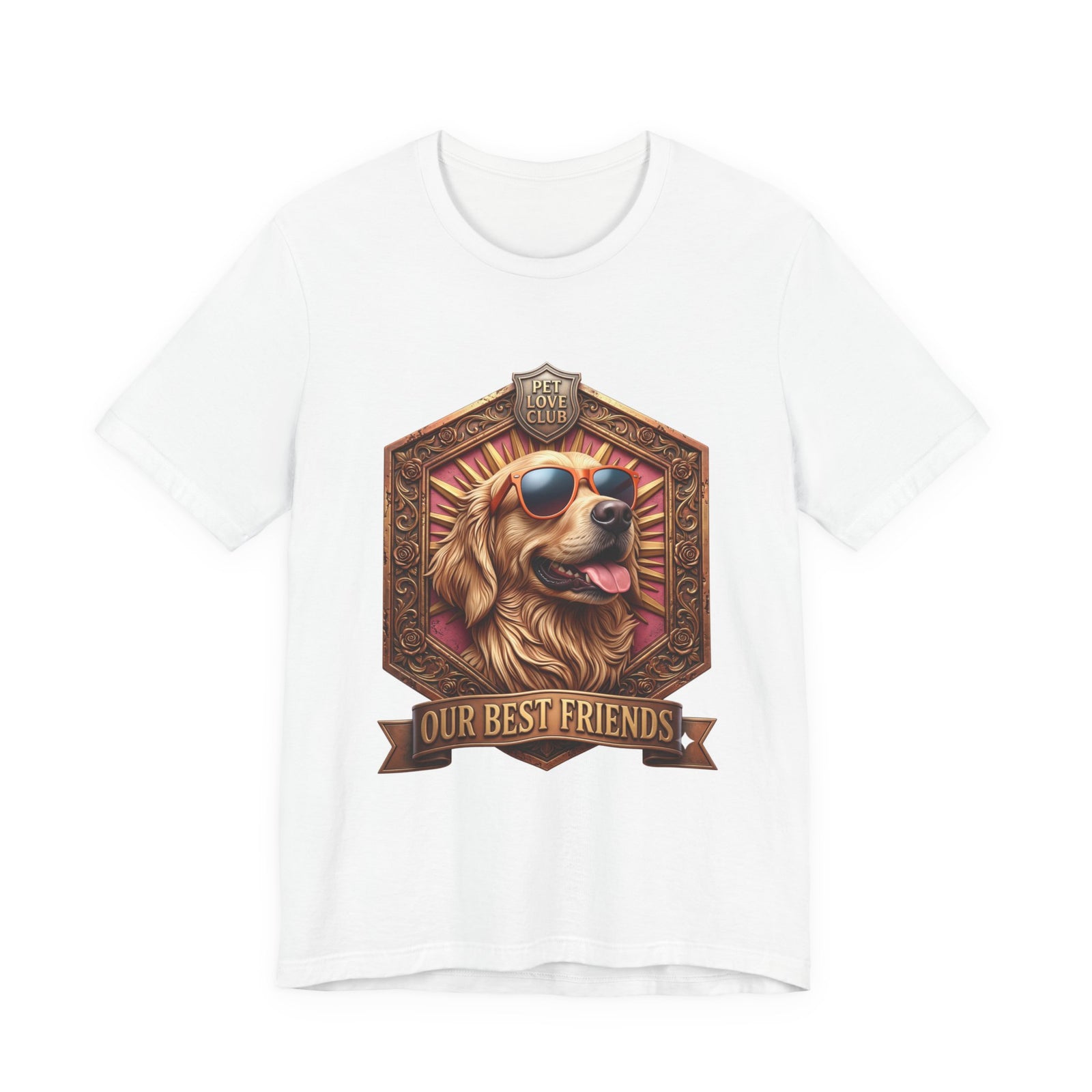 Our Best Friends Golden Retriever in Sunglasses T-Shirt in White, front view, print preview rendered from the print file