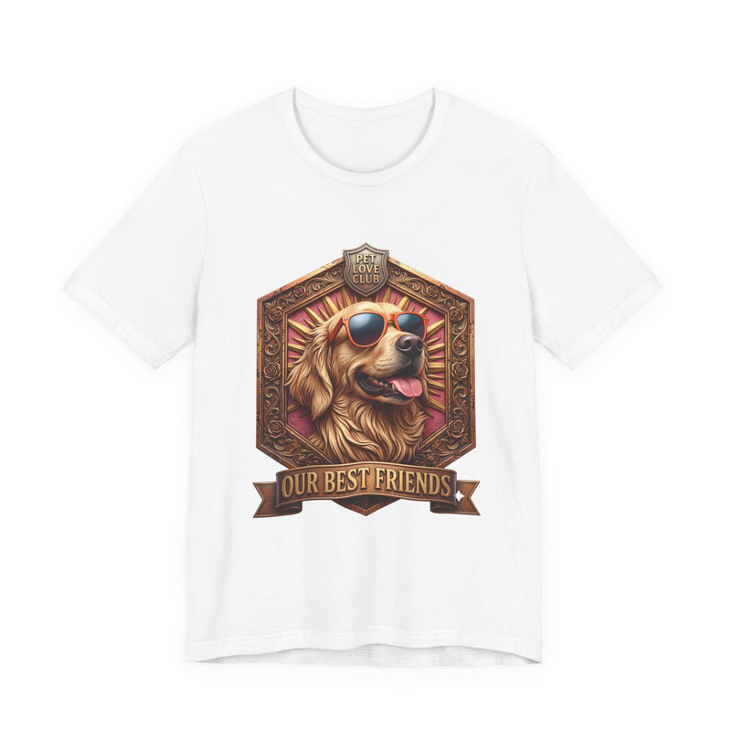 Our Best Friends Golden Retriever in Sunglasses T-Shirt in White, front view