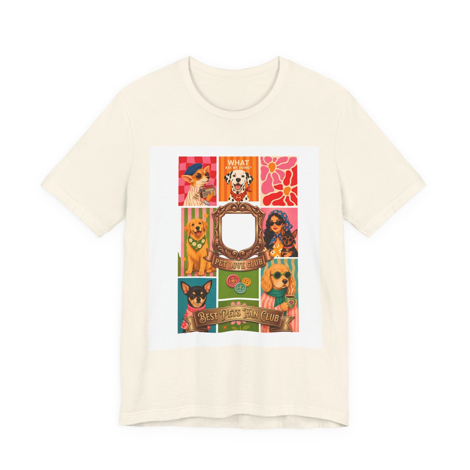 Pet Love Club Retro Dog Collage T-Shirt in Natural, front view, print preview rendered from the print file