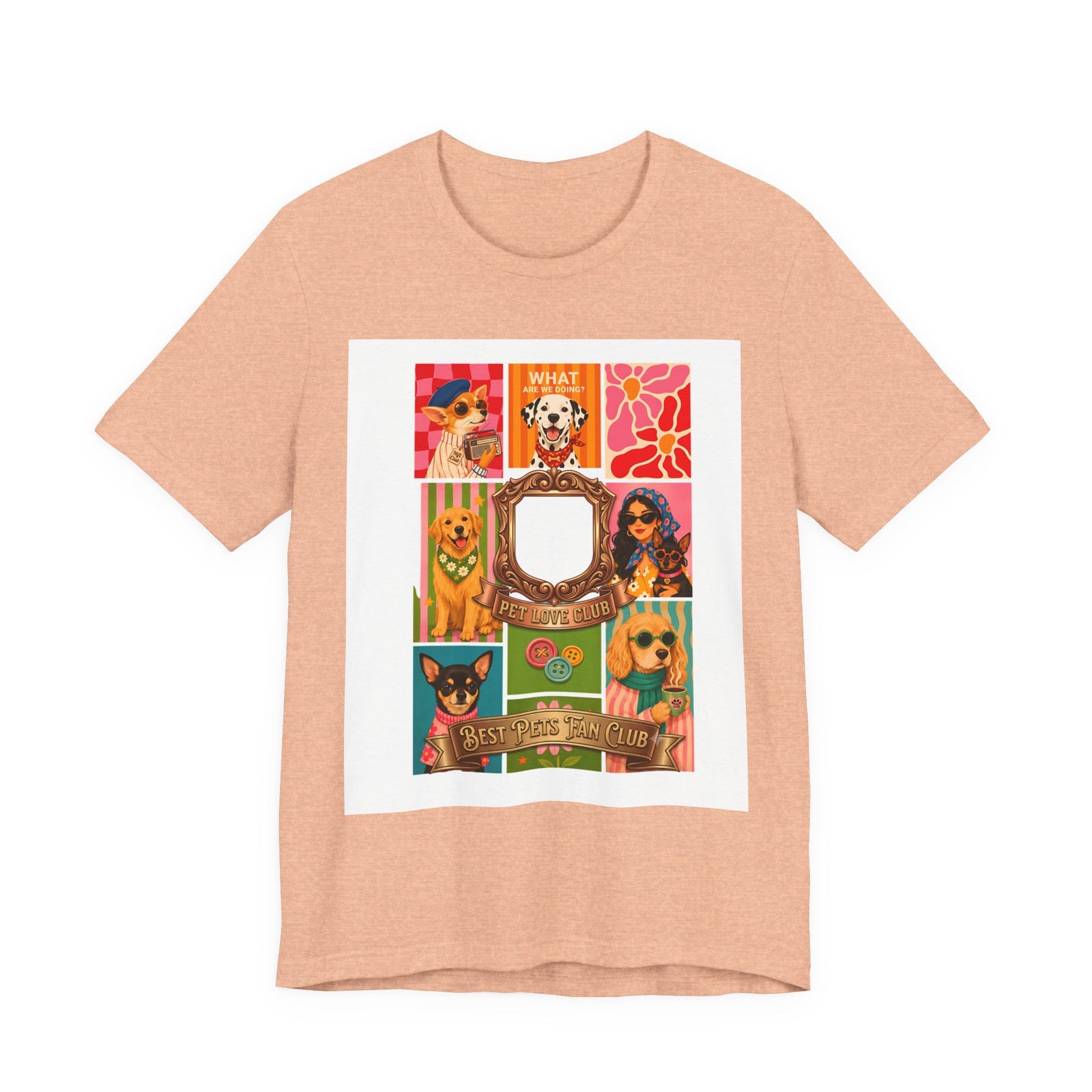 Pet Love Club Retro Dog Collage T-Shirt in Heather Peach, front view, print preview rendered from the print file