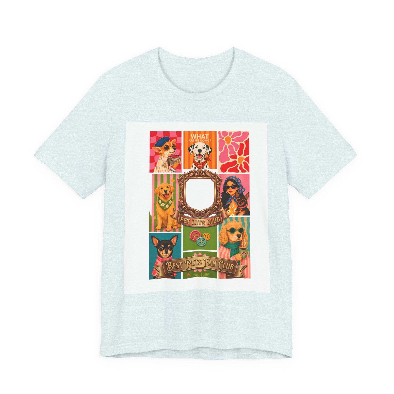 Pet Love Club Retro Dog Collage T-Shirt in Heather Ice Blue, front view, print preview rendered from the print file