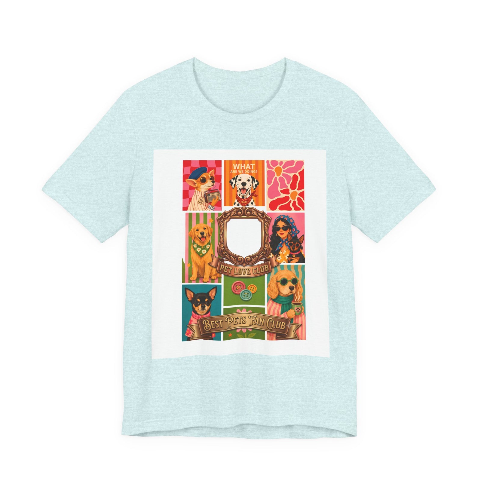 Pet Love Club Retro Dog Collage T-Shirt in Heather Prism Ice Blue, front view, print preview rendered from the print file