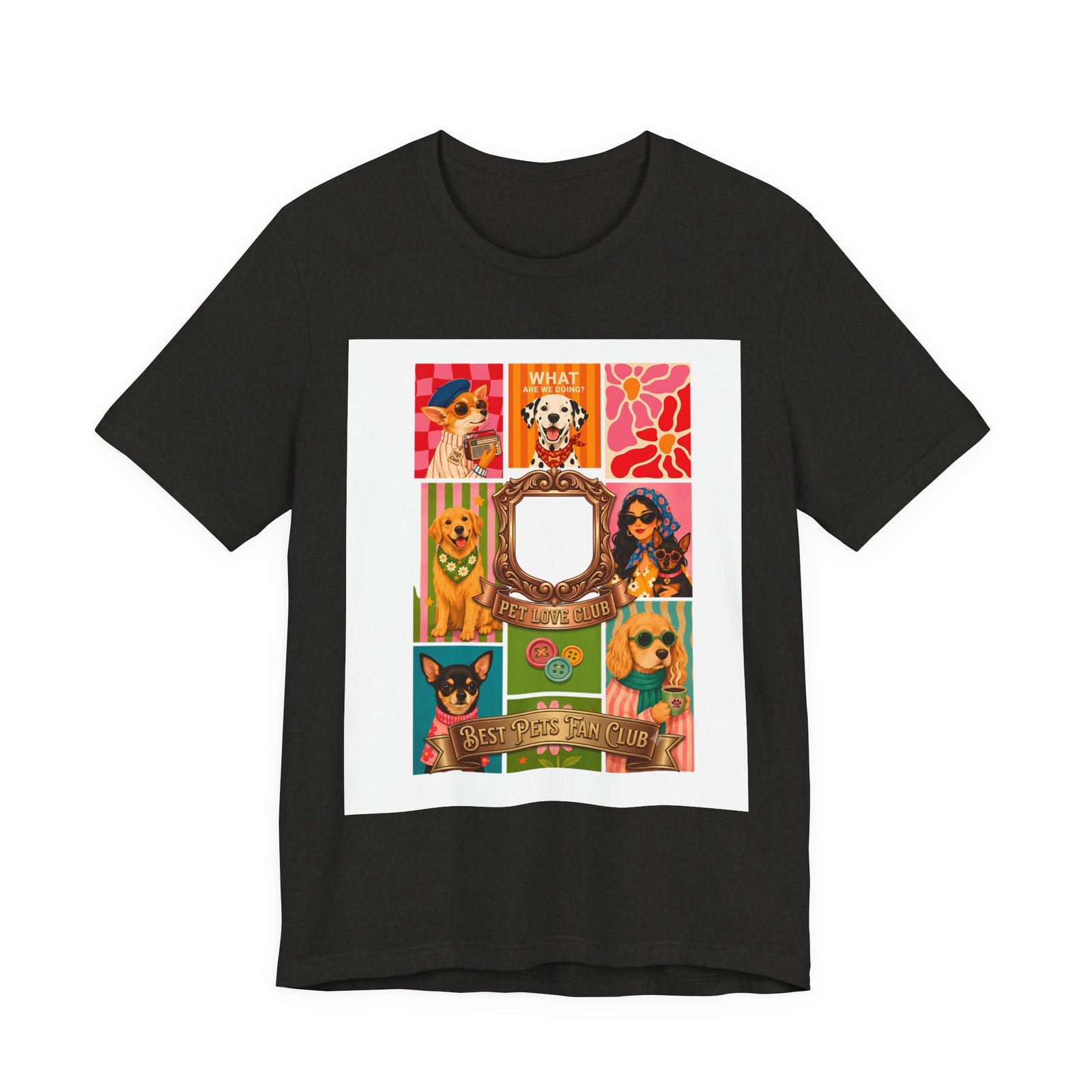 Pet Love Club Retro Dog Collage T-Shirt in Black Heather, front view, print preview rendered from the print file