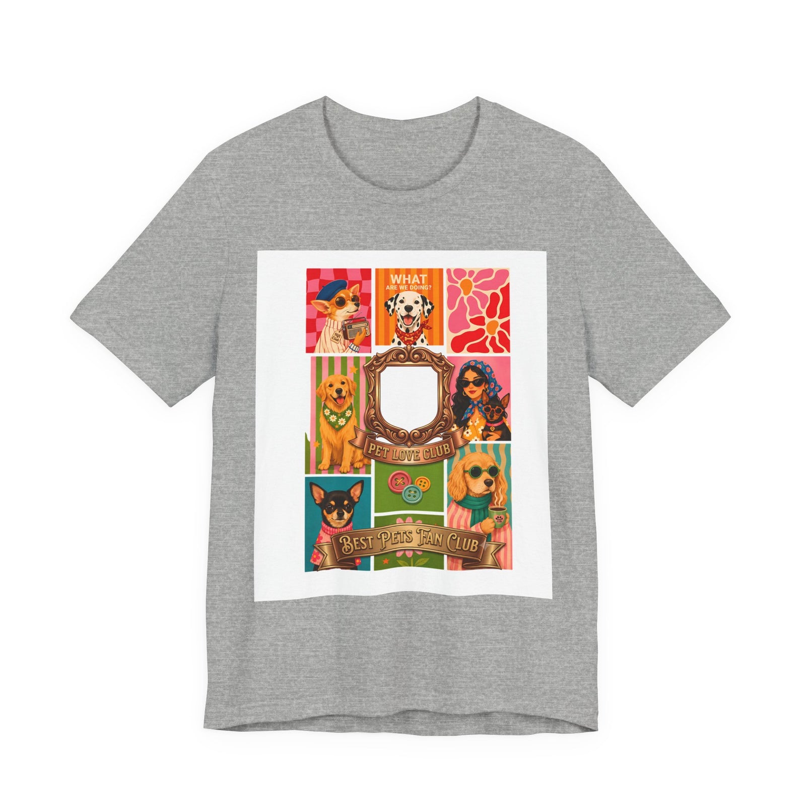 Pet Love Club Retro Dog Collage T-Shirt in Athletic Heather, front view, print preview rendered from the print file