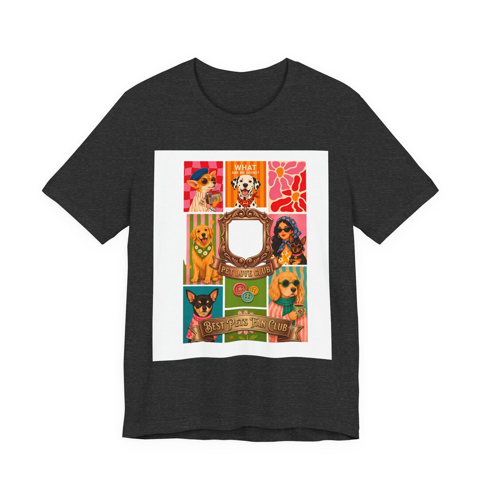 Pet Love Club Retro Dog Collage T-Shirt in Dark Grey Heather, front view, print preview rendered from the print file