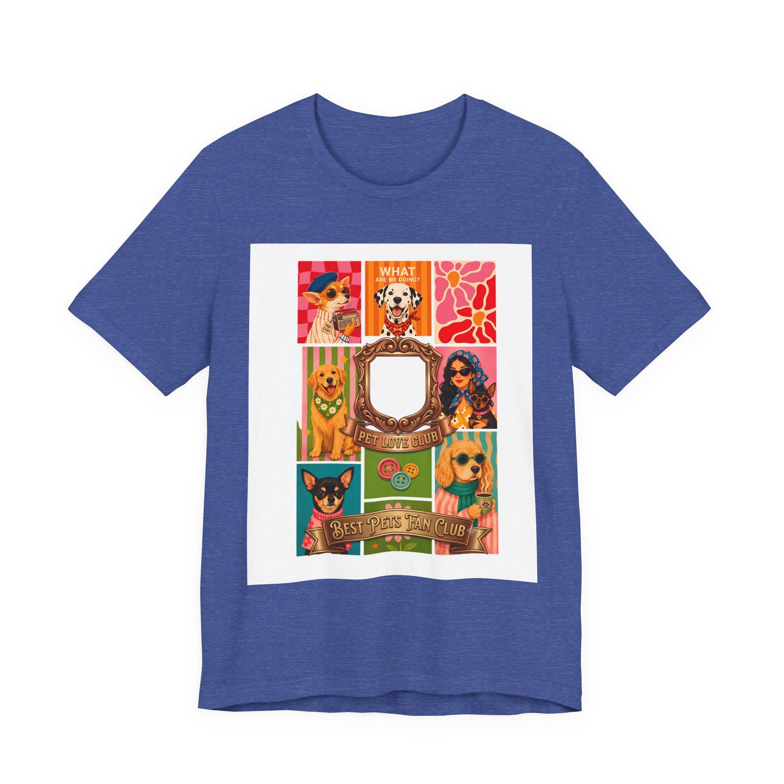Pet Love Club Retro Dog Collage T-Shirt in Heather True Royal, front view, print preview rendered from the print file