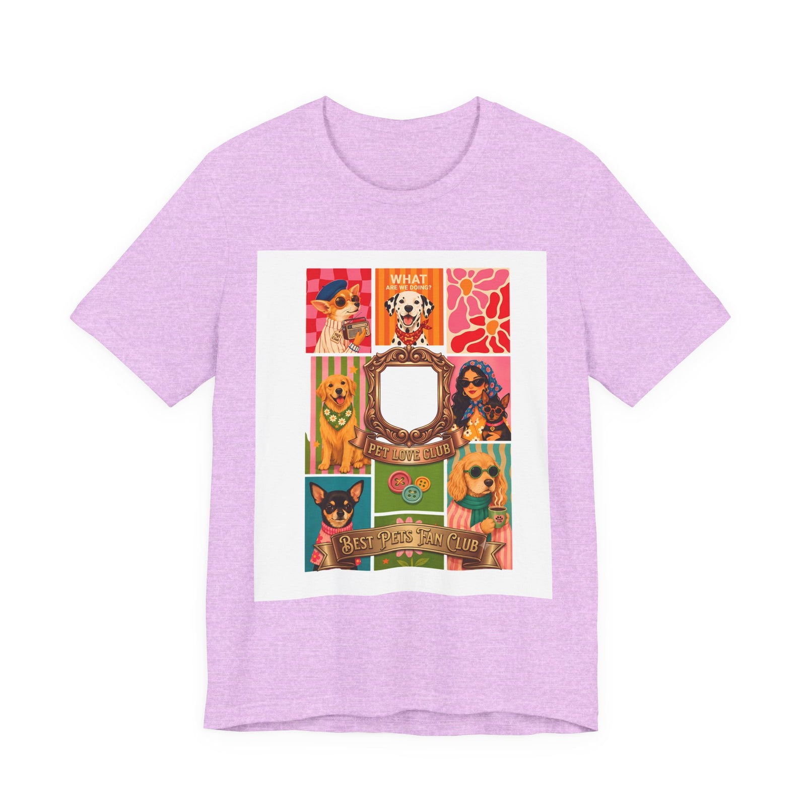 Pet Love Club Retro Dog Collage T-Shirt in Heather Prism Lilac, front view, print preview rendered from the print file