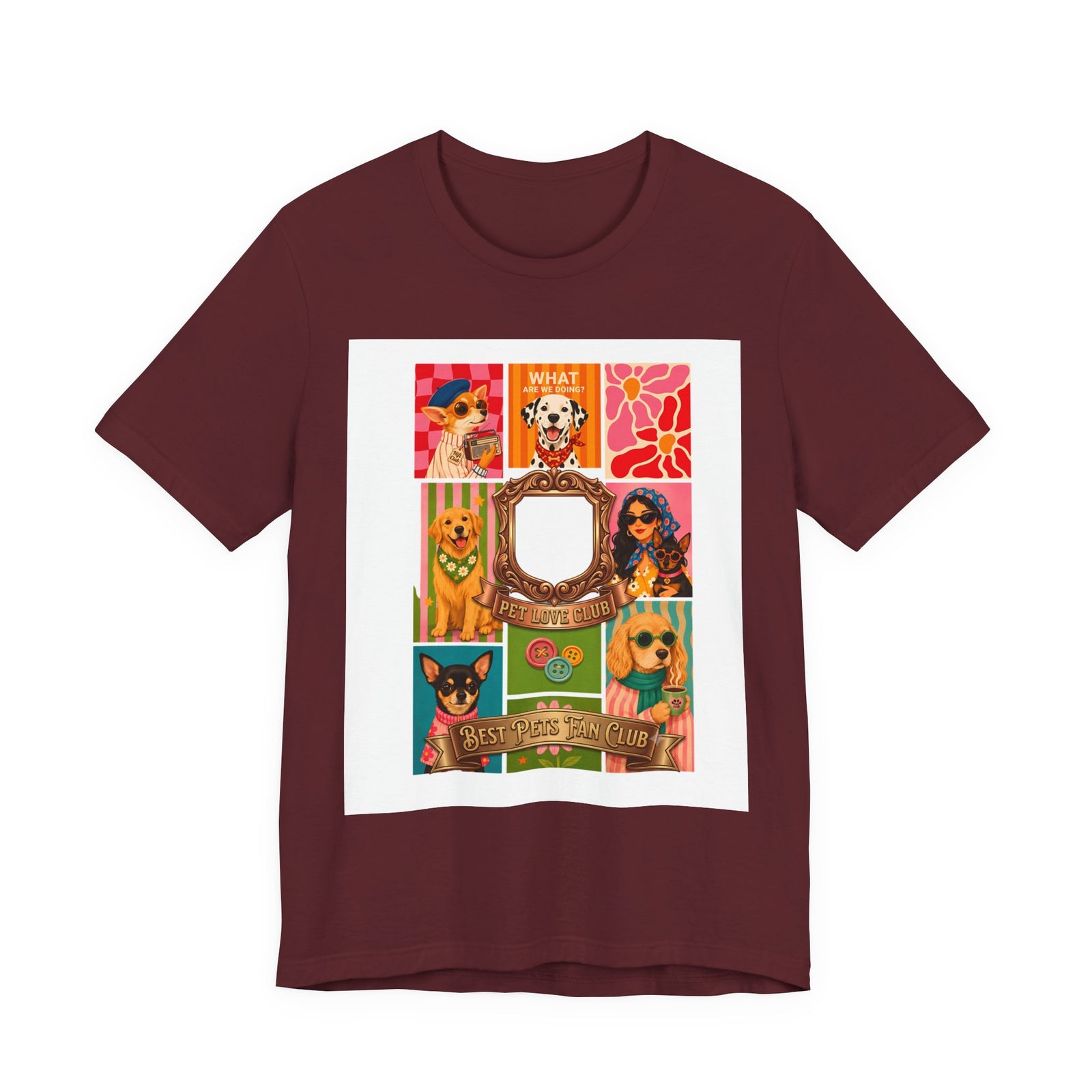 Pet Love Club Retro Dog Collage T-Shirt in Maroon, front view, print preview rendered from the print file