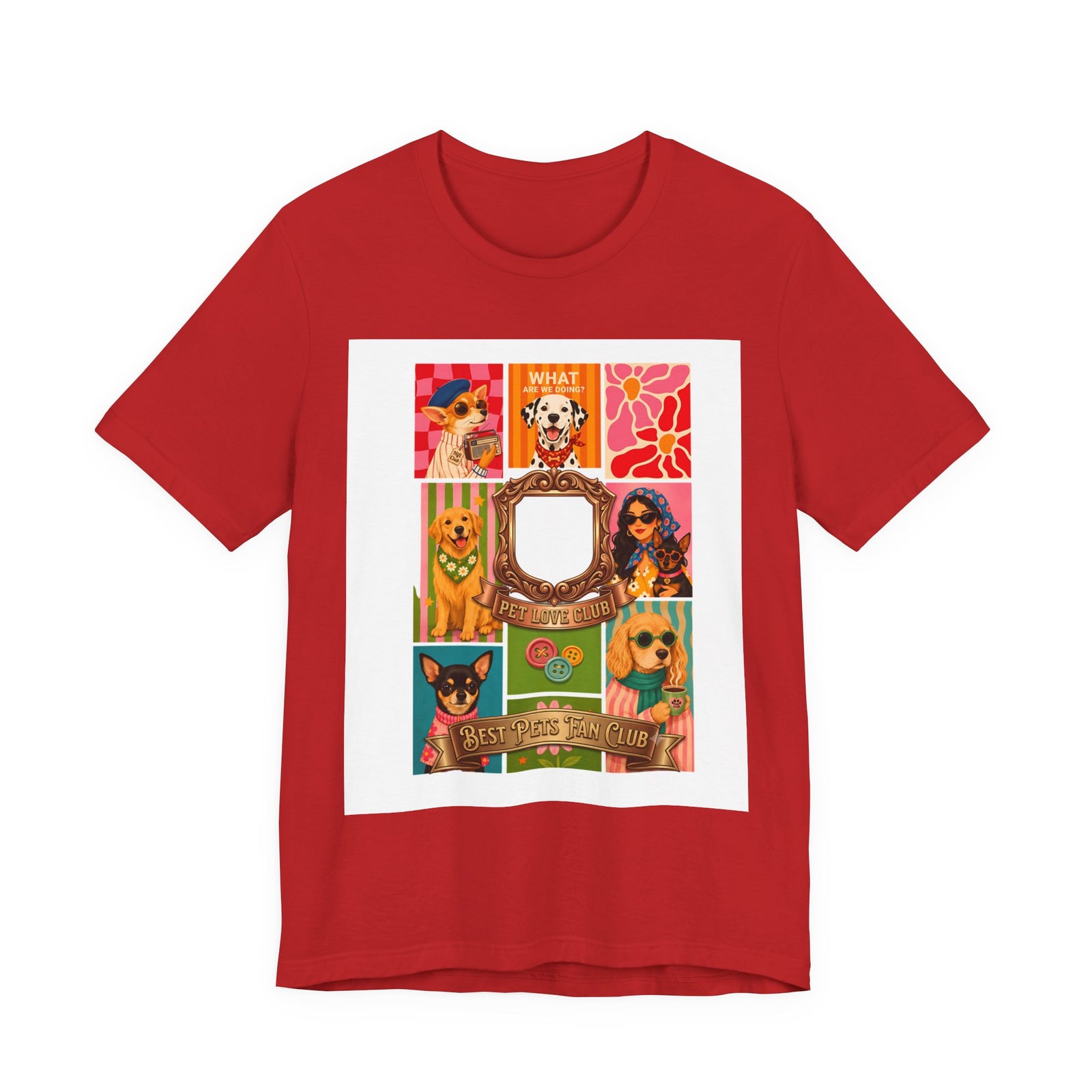 Pet Love Club Retro Dog Collage T-Shirt in Red, front view, print preview rendered from the print file