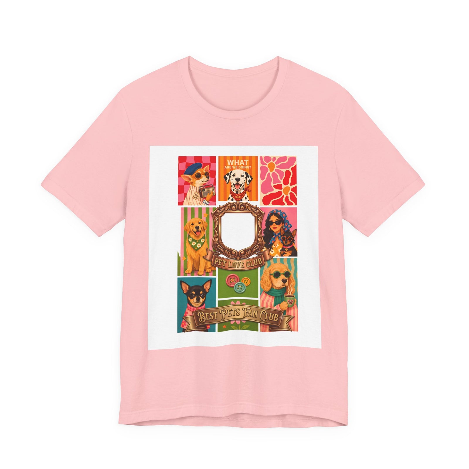 Pet Love Club Retro Dog Collage T-Shirt in Pink, front view, print preview rendered from the print file
