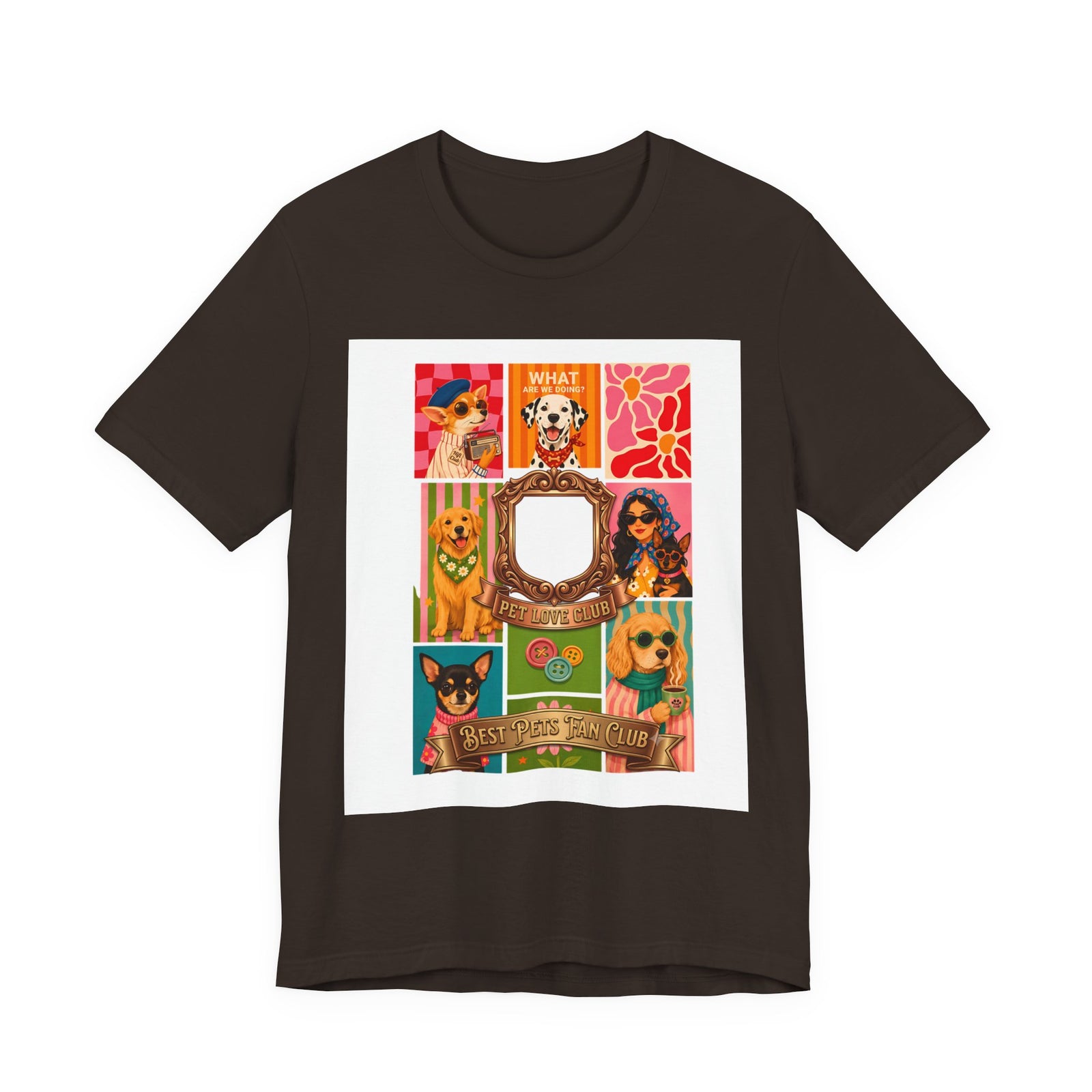 Pet Love Club Retro Dog Collage T-Shirt in Brown, front view, print preview rendered from the print file