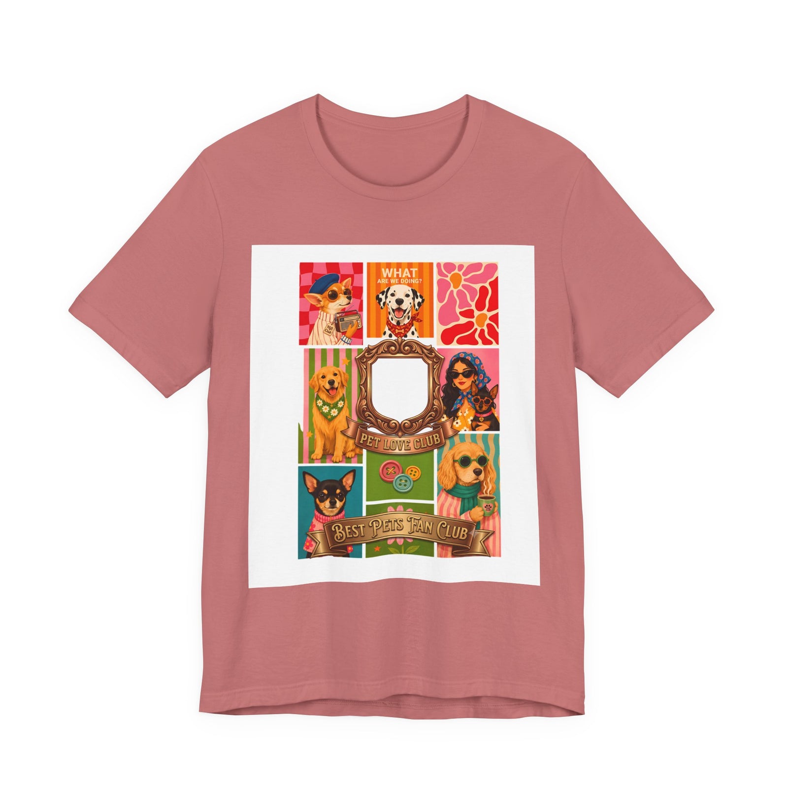 Pet Love Club Retro Dog Collage T-Shirt in Mauve, front view, print preview rendered from the print file