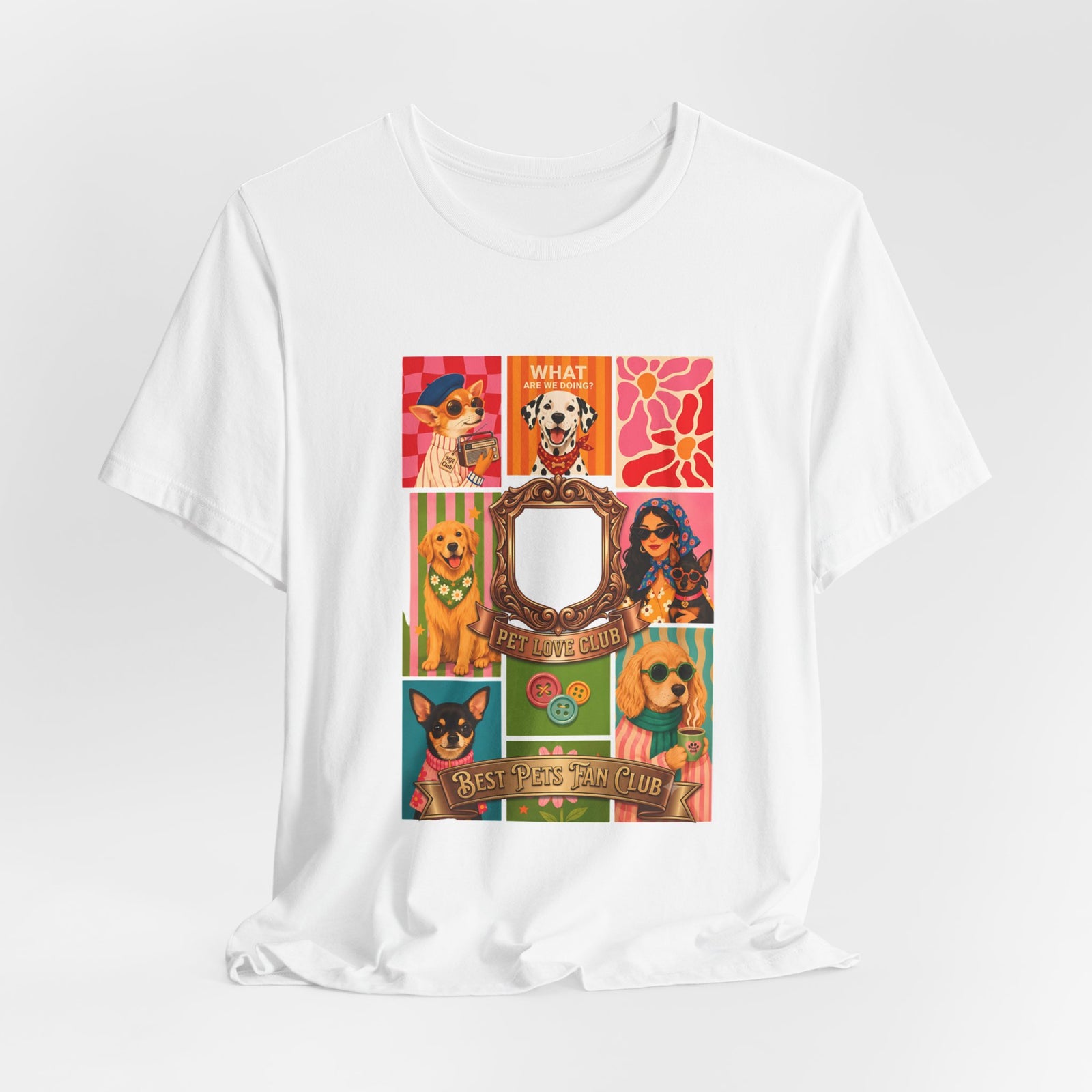 Pet Love Club Retro Dog Collage T-Shirt in White, laid flat