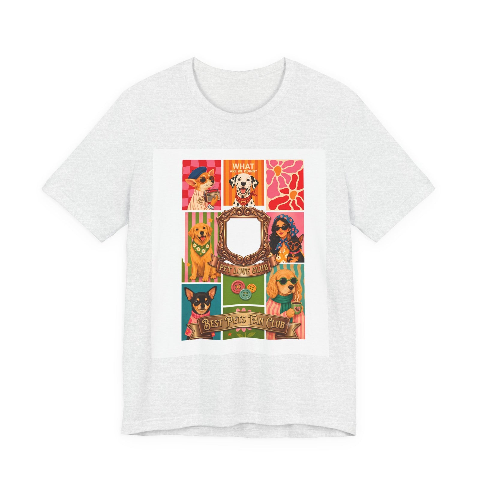 Pet Love Club Retro Dog Collage T-Shirt in Ash, front view, print preview rendered from the print file