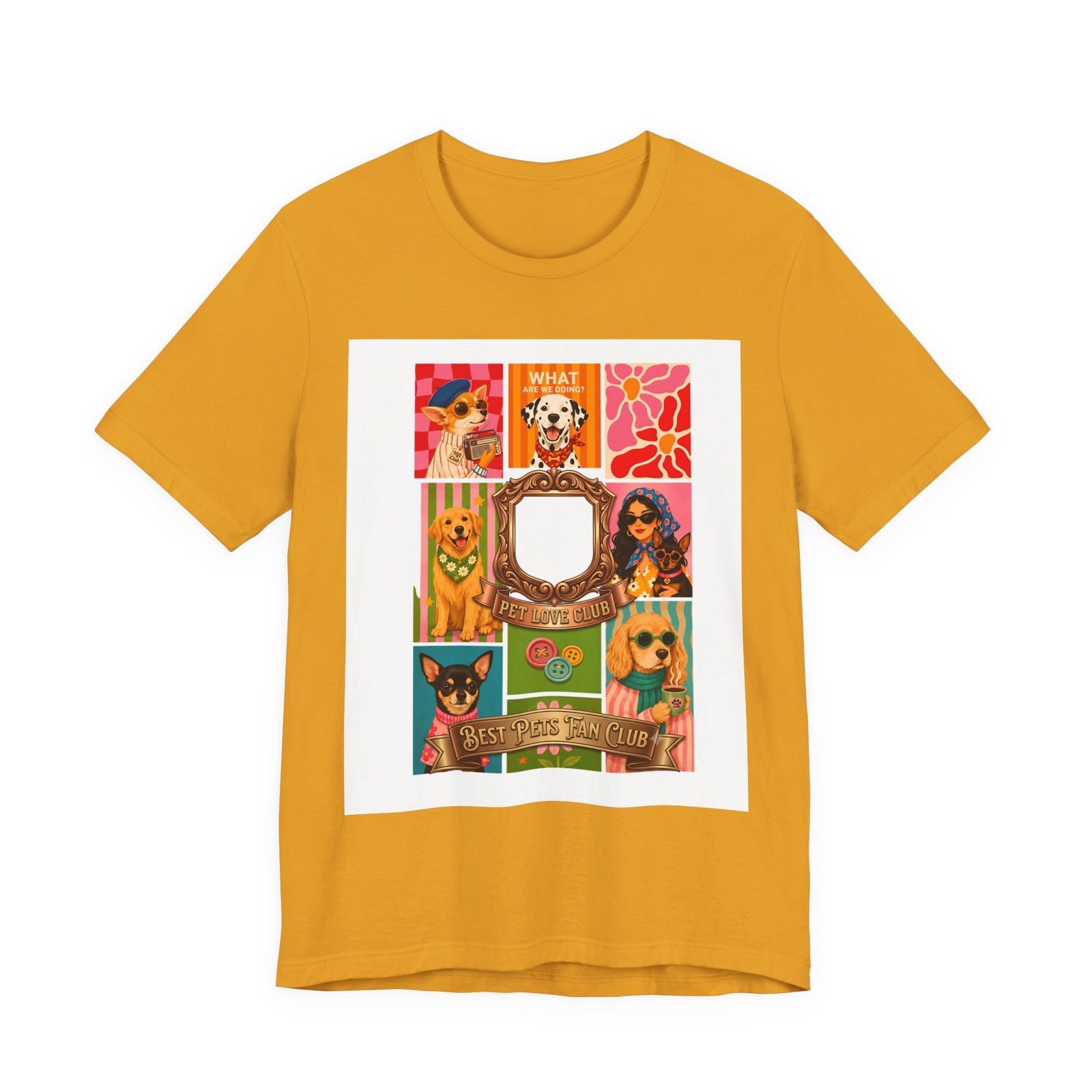 Pet Love Club Retro Dog Collage T-Shirt in Mustard, front view, print preview rendered from the print file