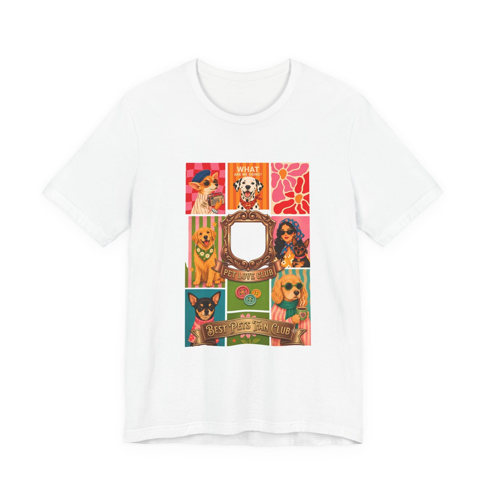 Pet Love Club Retro Dog Collage T-Shirt in White, front view, print preview rendered from the print file