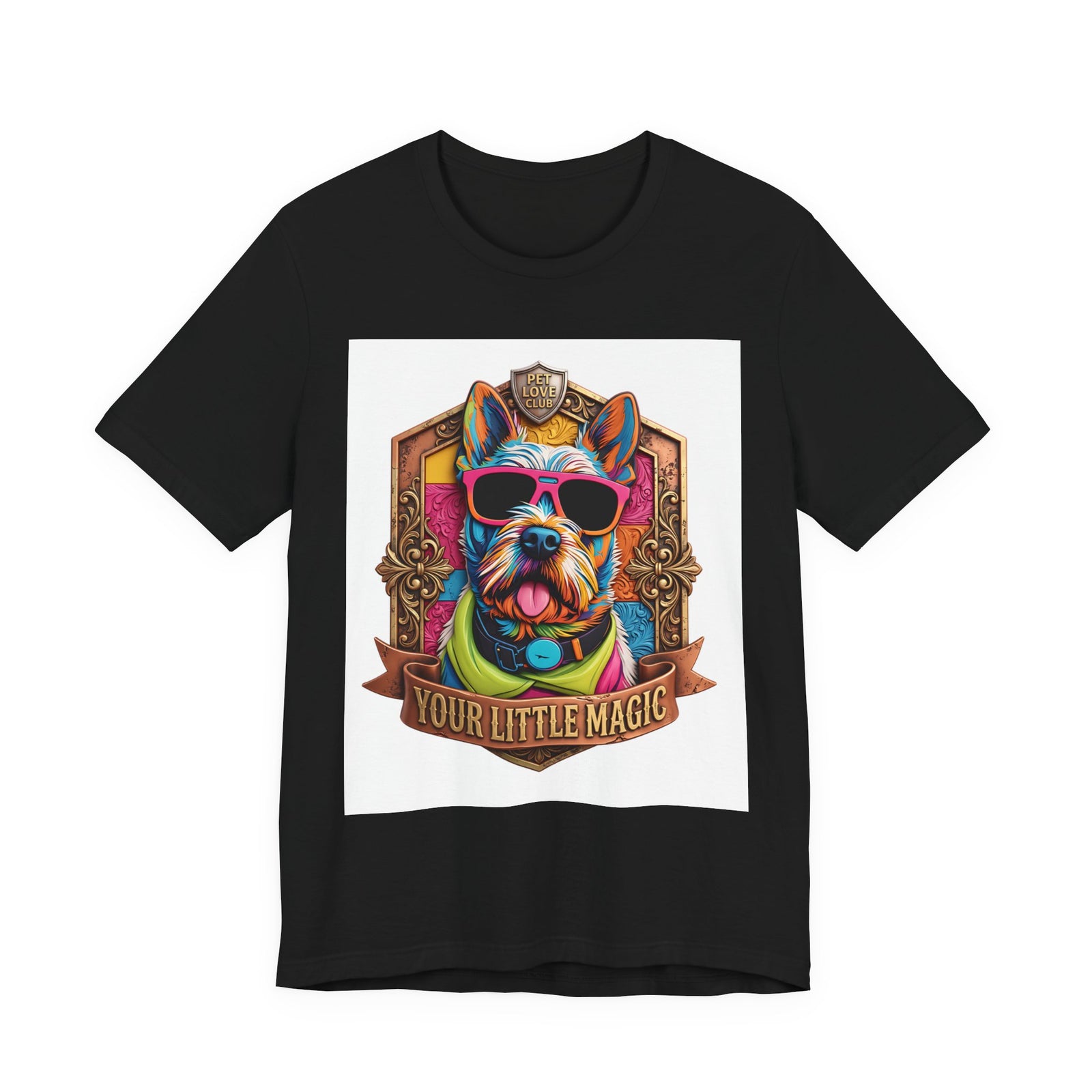 Your Little Magic Terrier in Sunglasses T-Shirt in Black, front view, print preview rendered from the print file