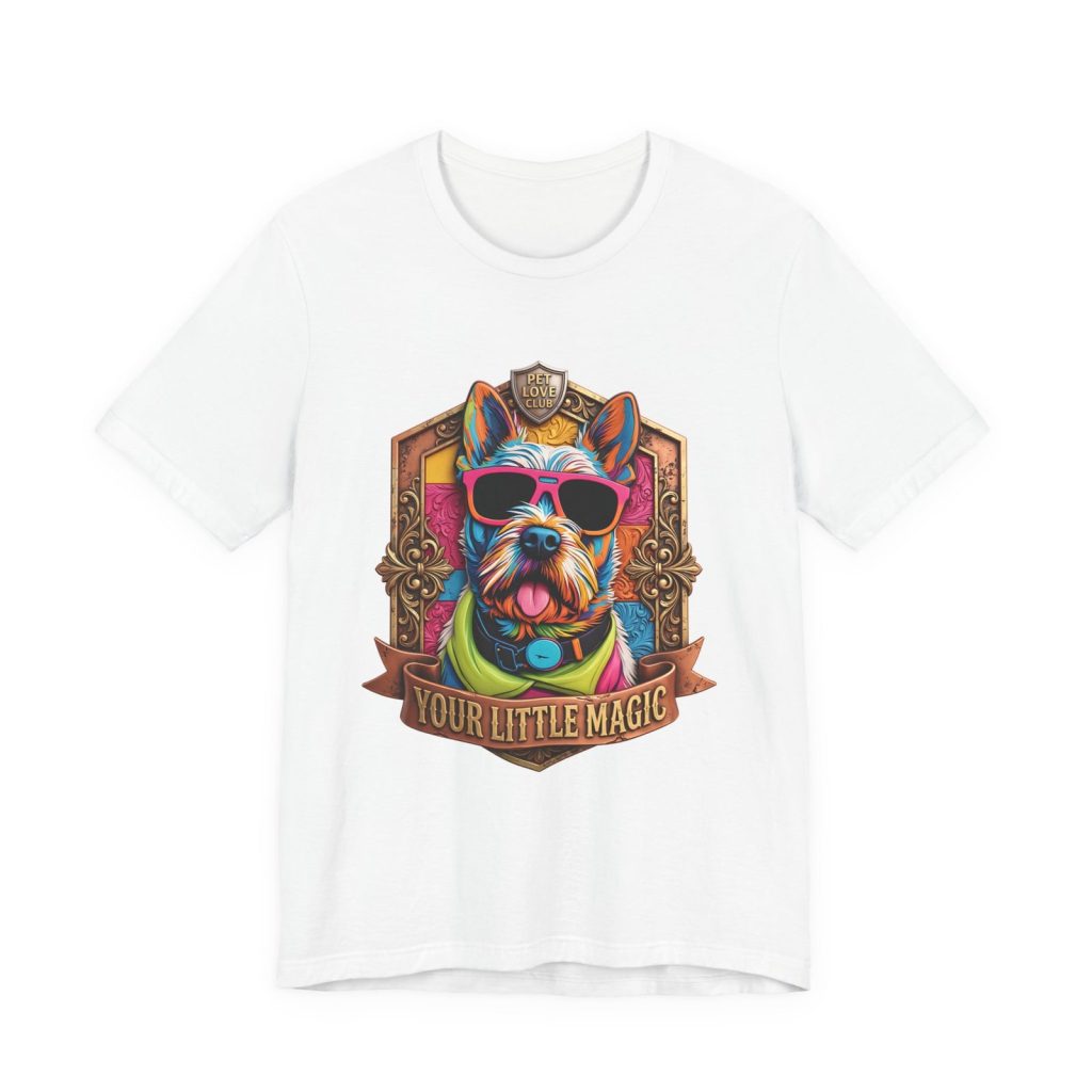 Your Little Magic Terrier in Sunglasses T-Shirt in White, front view, print preview rendered from the print file