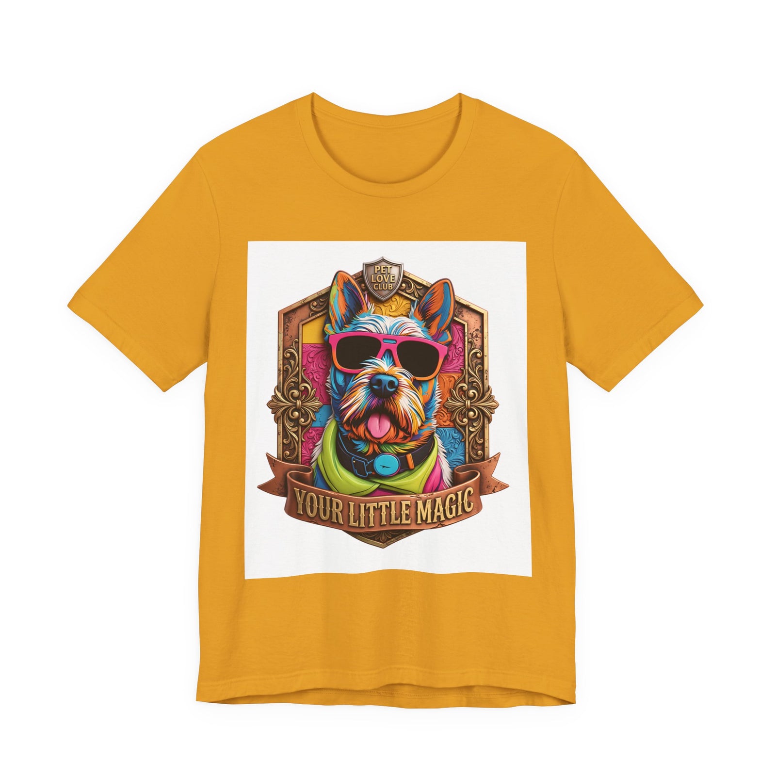 Your Little Magic Terrier in Sunglasses T-Shirt in Mustard, front view, print preview rendered from the print file