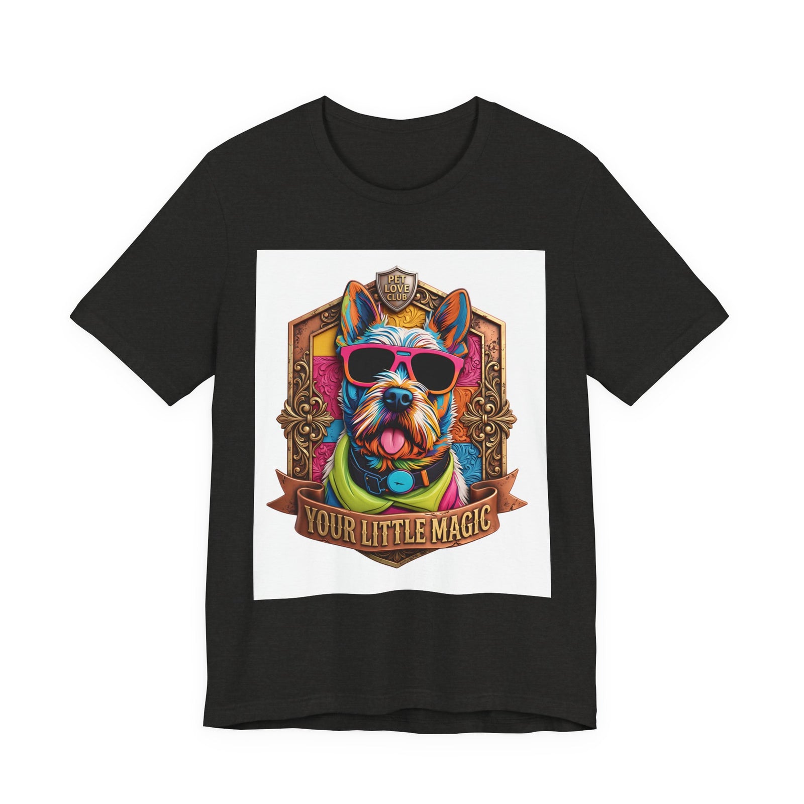 Your Little Magic Terrier in Sunglasses T-Shirt in Black Heather, front view, print preview rendered from the print file