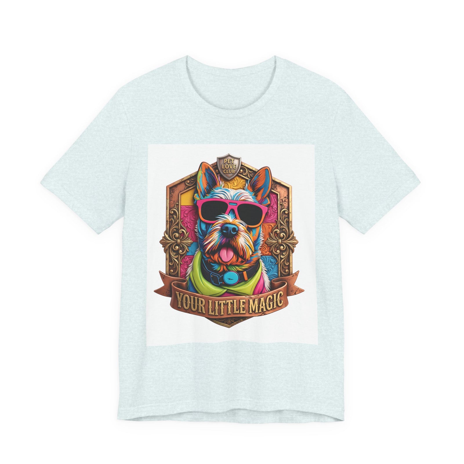 Your Little Magic Terrier in Sunglasses T-Shirt in Heather Ice Blue, front view, print preview rendered from the print file