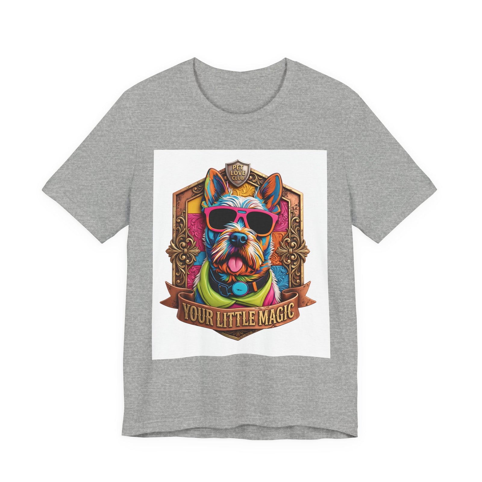 Your Little Magic Terrier in Sunglasses T-Shirt in Athletic Heather, front view, print preview rendered from the print file
